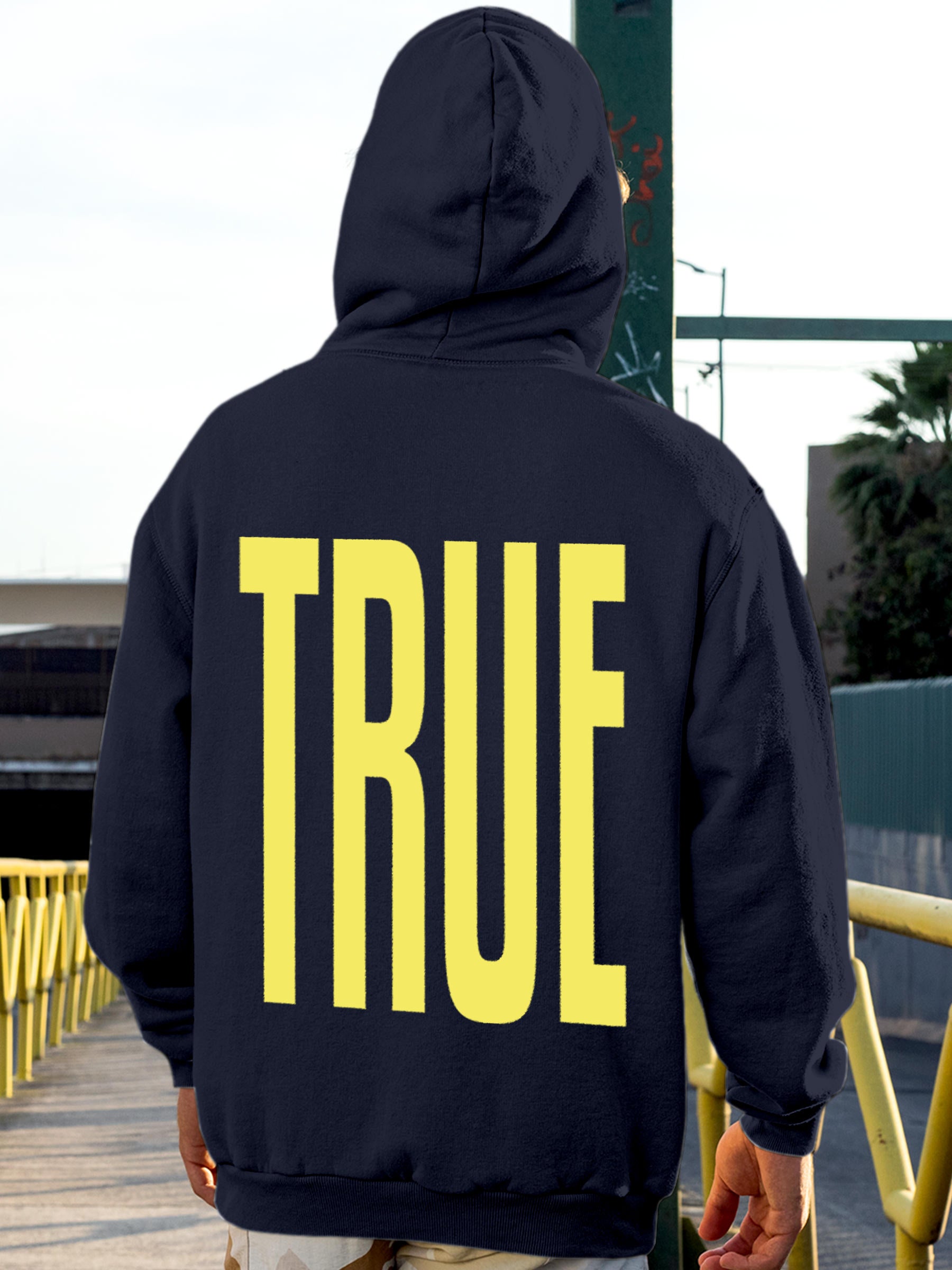Model wearing Men's Navy Blue Hoodie Sweatshirt with 'Truth' design, offering effortless style and premium comfort