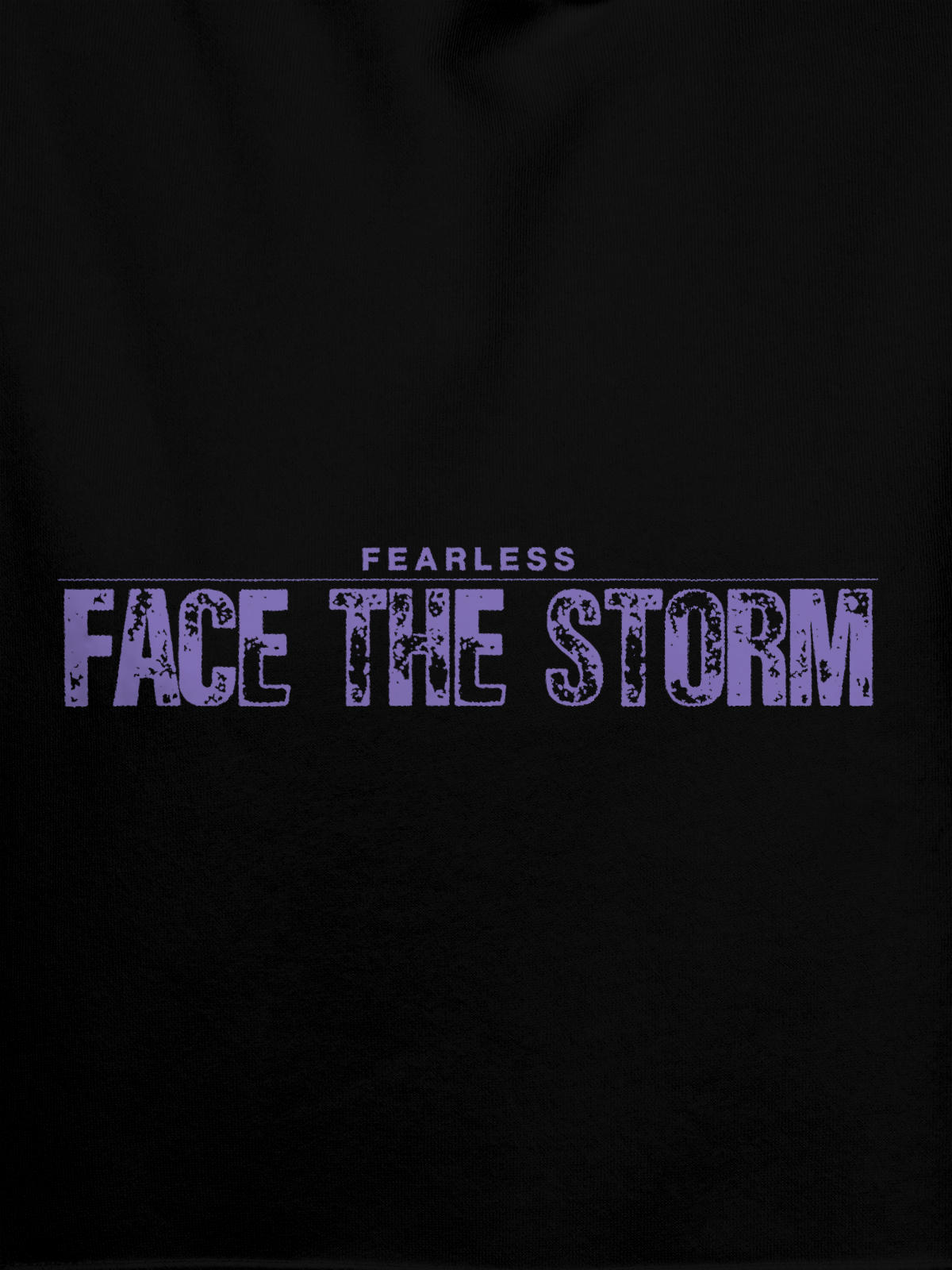 Close up of 'Fearless. Face the Storm' design on Men's Black Hoodie Sweatshirt, highlighting intricate details and vibrant print.