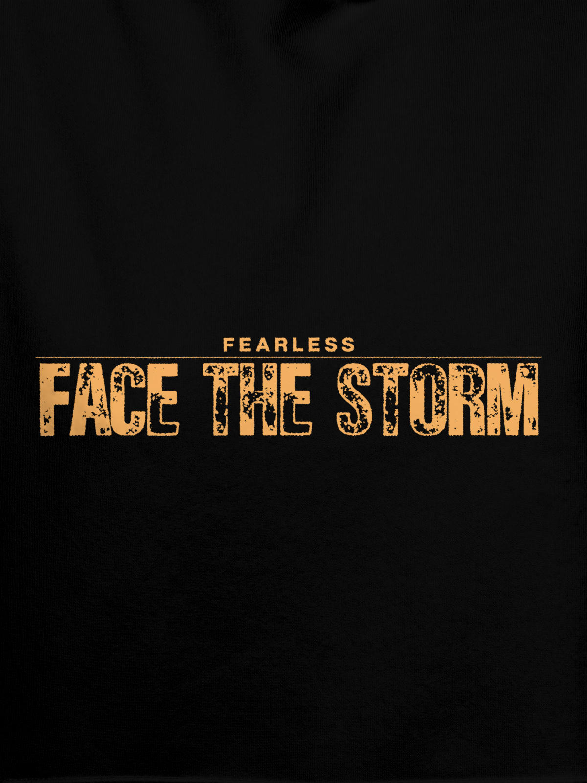 Close up of 'Fearless. Face the Storm' design on Men's Black Hoodie Sweatshirt, highlighting intricate details and vibrant print.