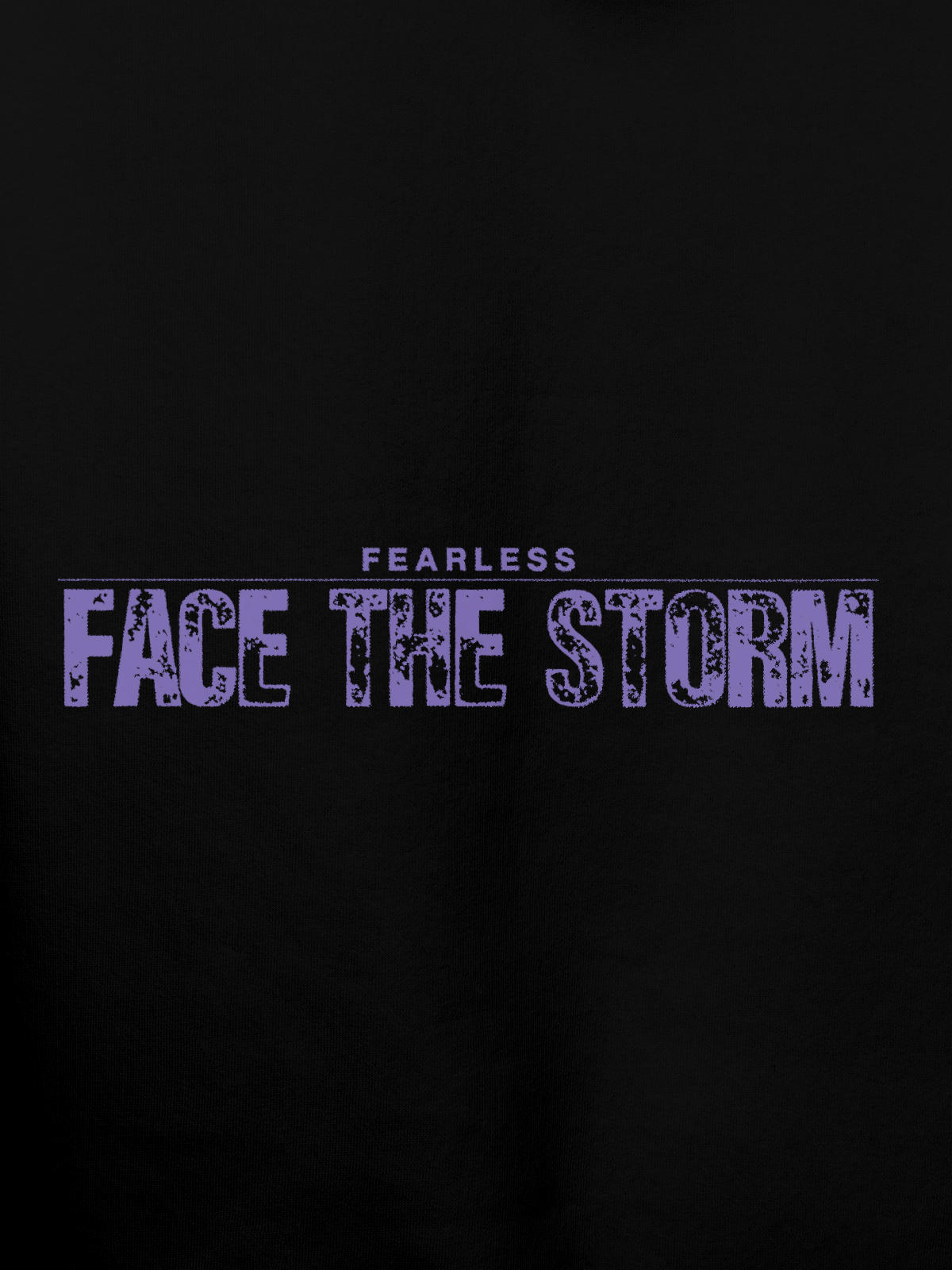 Close up of 'Fearless. Face the Storm' design on Women's Black Hoodie Sweatshirt, highlighting intricate details and vibrant print.