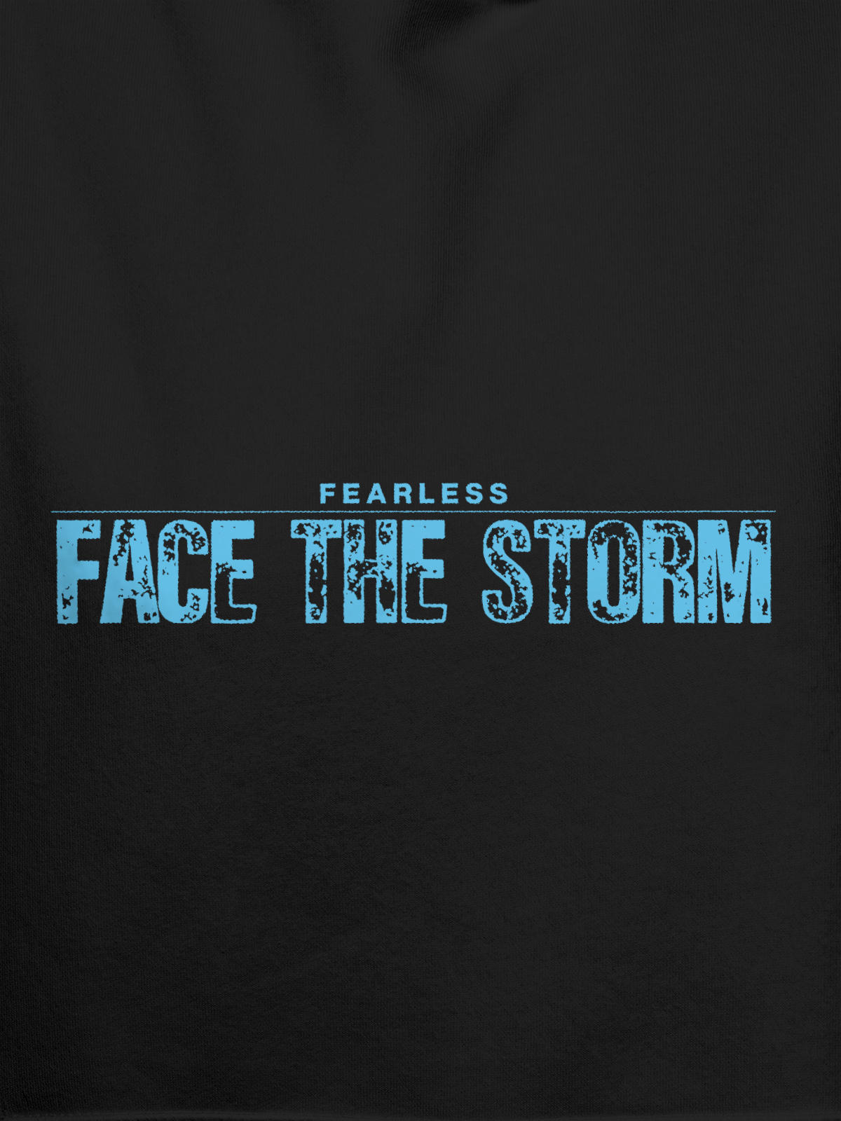 Close up of 'Fearless. Face the Storm' design on Men's Dark Grey Hoodie Sweatshirt, highlighting intricate details and vibrant print.
