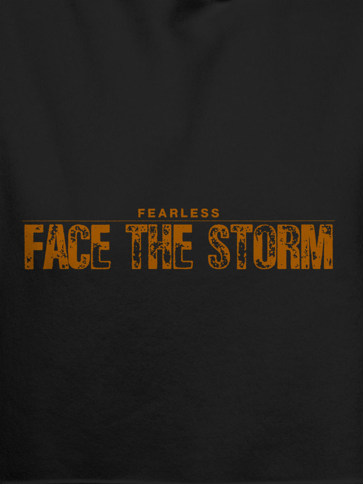 Close up of 'Fearless. Face the Storm' design on Men's Dark Grey Hoodie Sweatshirt, highlighting intricate details and vibrant print.
