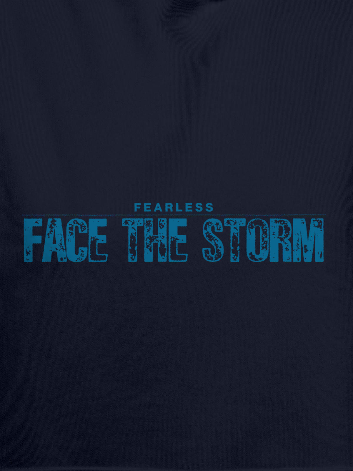 Close up of 'Fearless. Face the Storm' design on Men's Navy Blue Hoodie Sweatshirt, highlighting intricate details and vibrant print.