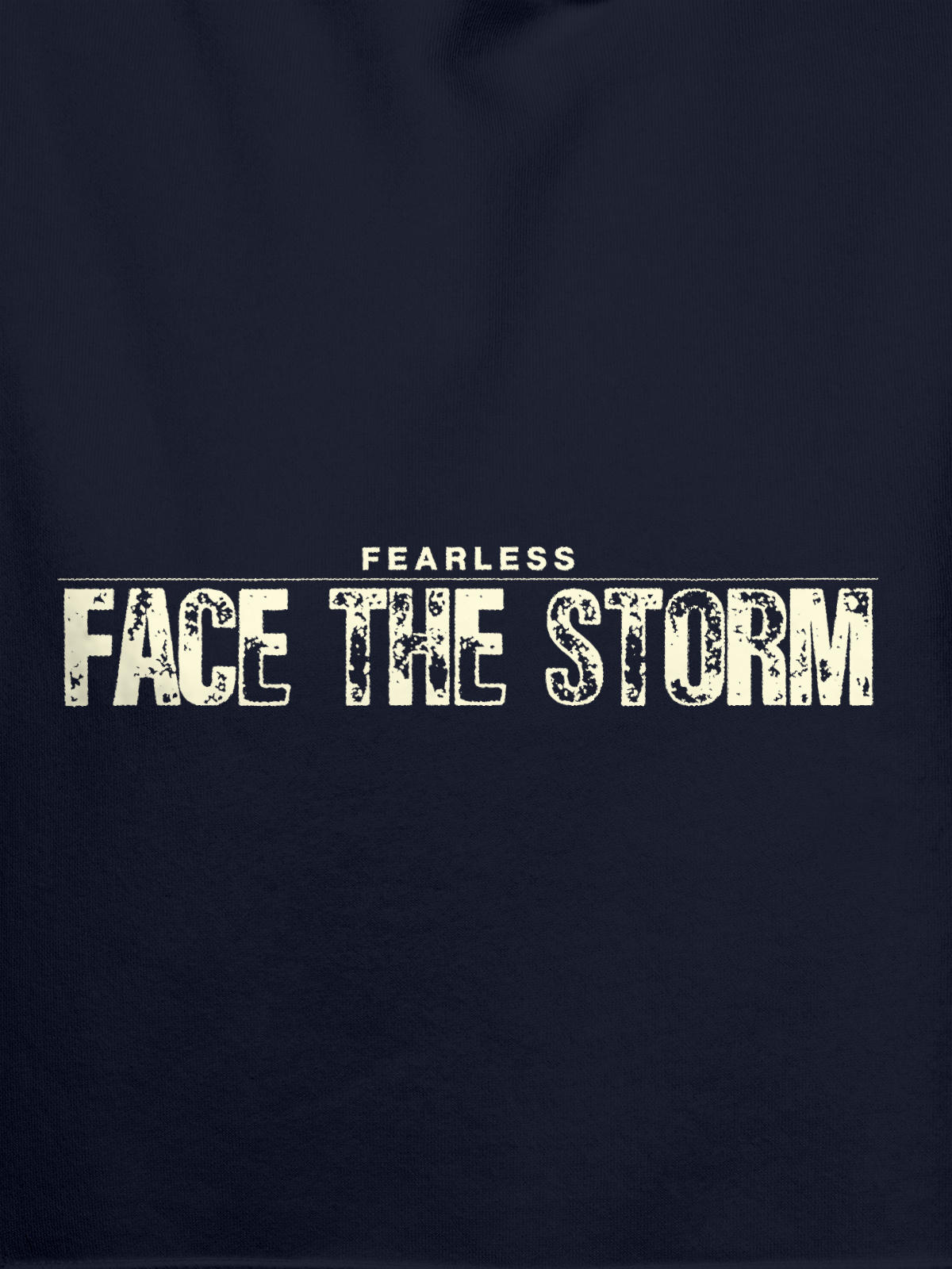 Close up of 'Fearless. Face the Storm' design on Men's Navy Blue Hoodie Sweatshirt, highlighting intricate details and vibrant print.