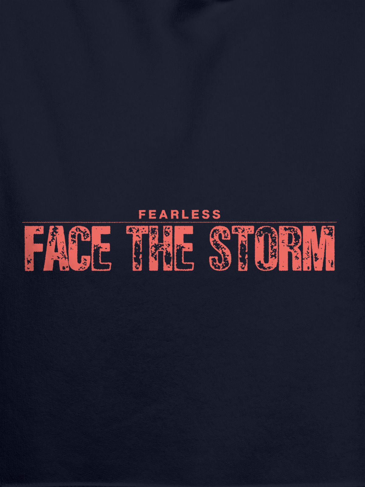 Close up of 'Fearless. Face the Storm' design on Men's Navy Blue Hoodie Sweatshirt, highlighting intricate details and vibrant print.