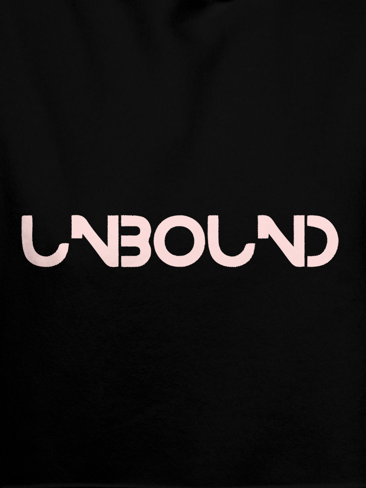 Close up of 'Unbound' design on Women's Black Hoodie Sweatshirt, highlighting intricate details and vibrant print.