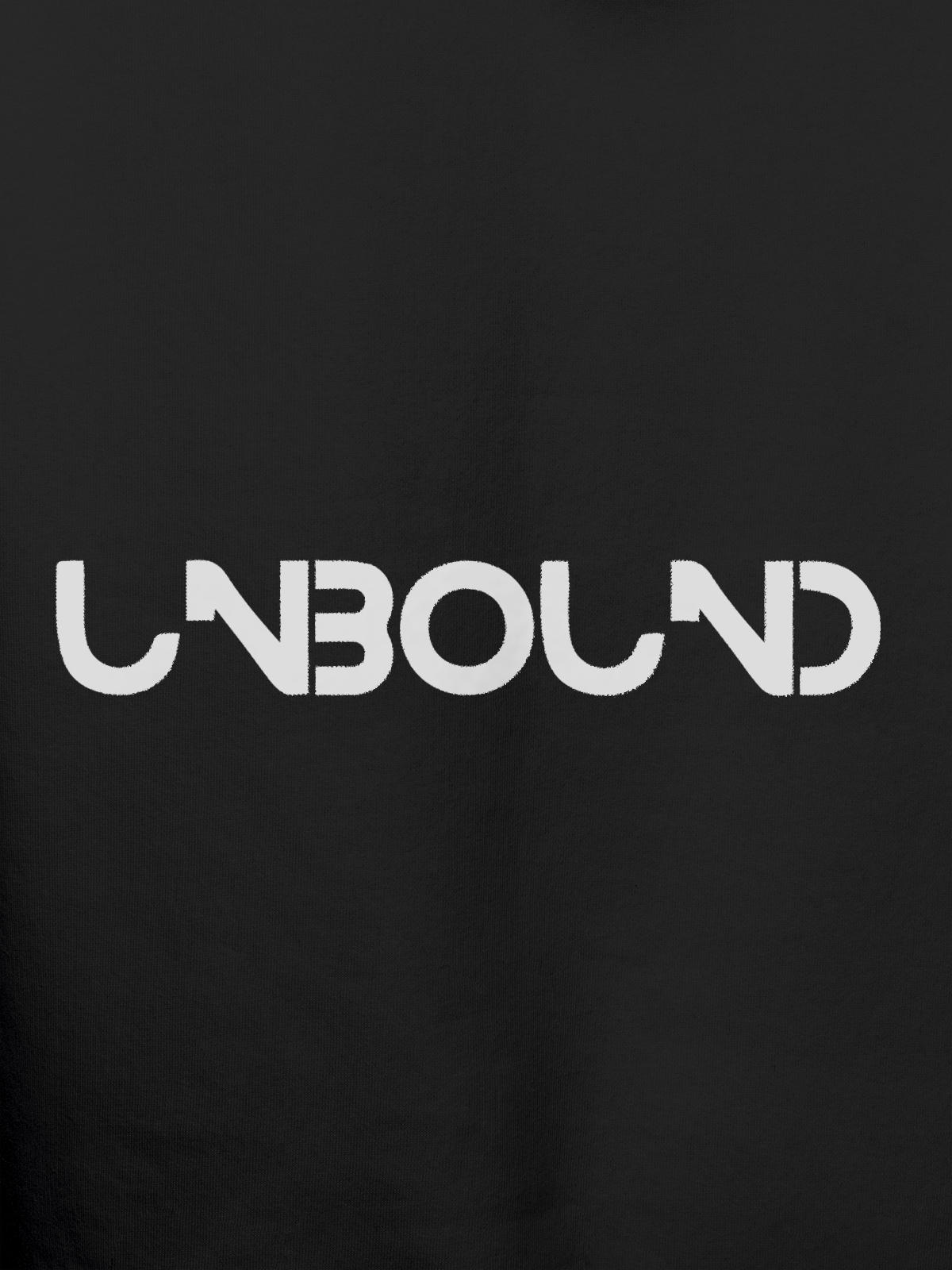 Close up of 'Unbound' design on Men's Dark Grey Hoodie Sweatshirt, highlighting intricate details and vibrant print.