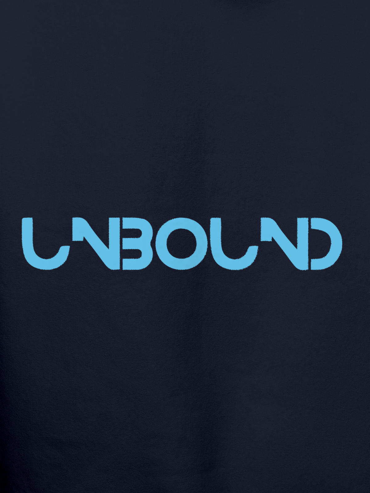 Close up of 'Unbound' design on Men's Navy Blue Hoodie Sweatshirt, highlighting intricate details and vibrant print.