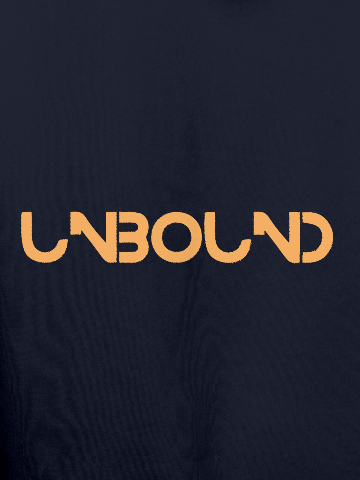 Close up of 'Unbound' design on Men's Navy Blue Hoodie Sweatshirt, highlighting intricate details and vibrant print.