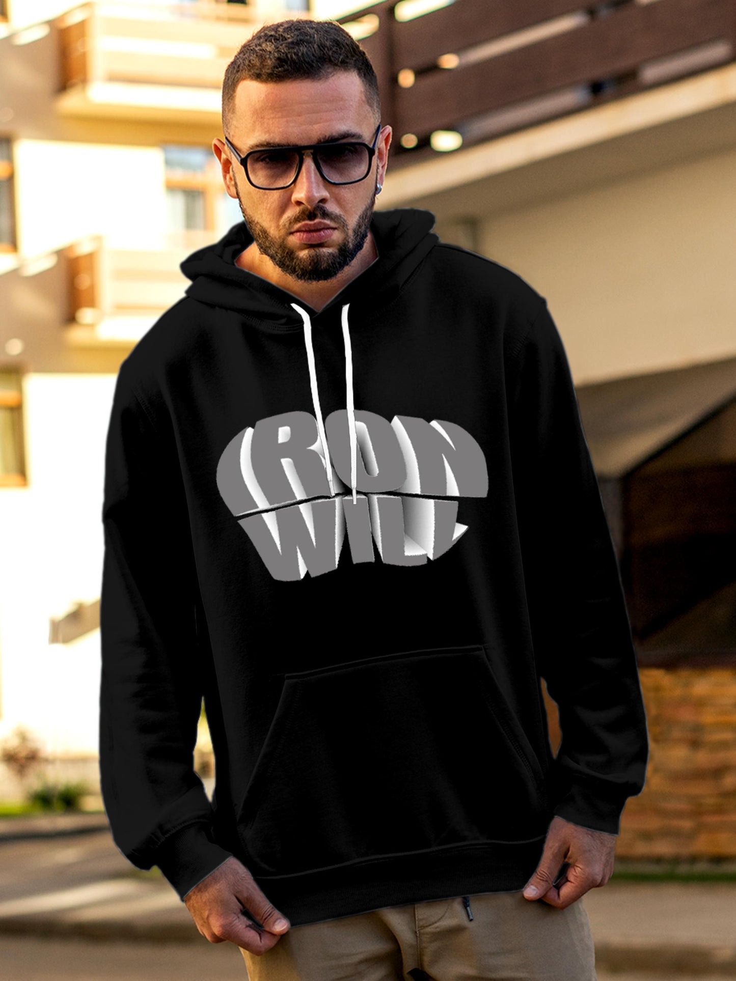 Model wearing Men's Black Hoodie Sweatshirt with 'Iron Will' design, offering effortless style and premium comfort