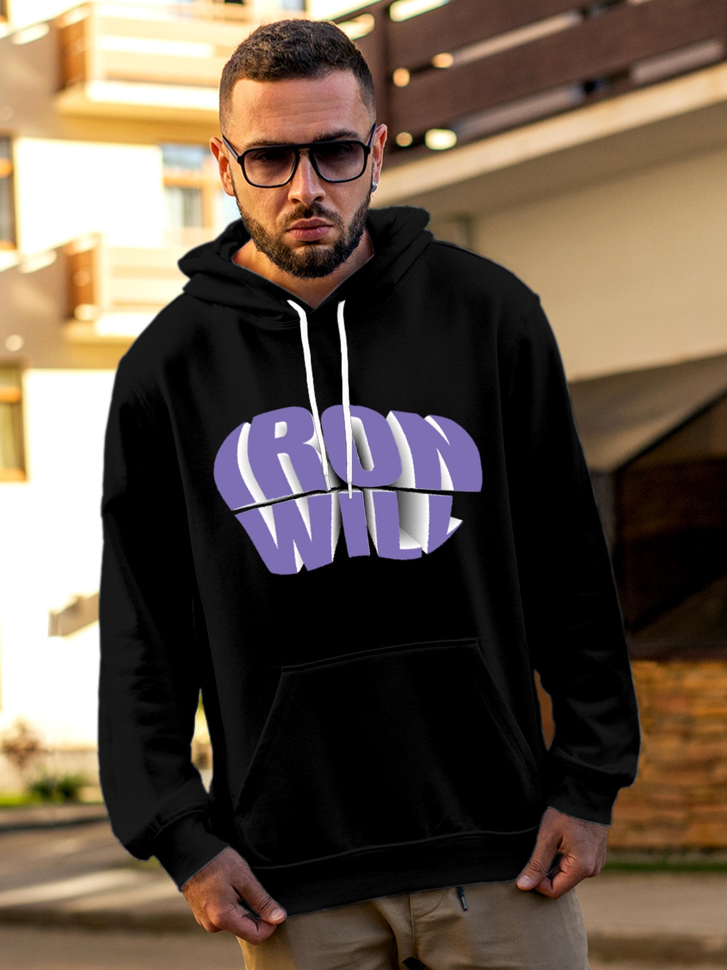 Model wearing Men's Black Hoodie Sweatshirt with 'Iron Will' design, offering effortless style and premium comfort