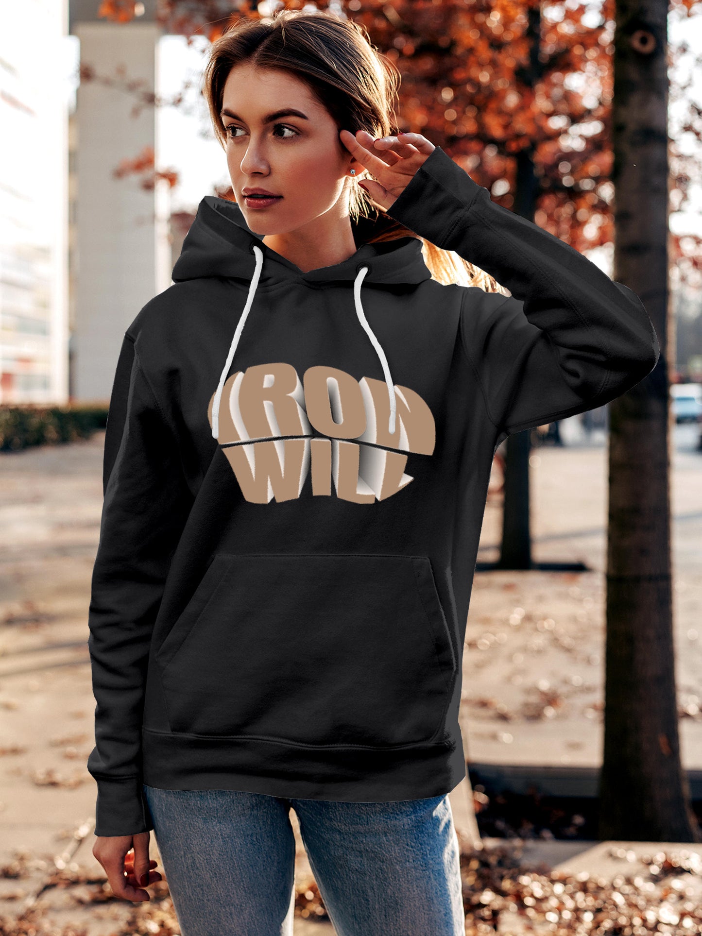 Model wearing Women's Dark Grey Hoodie Sweatshirt with 'Iron Will' design, offering effortless style and premium comfort