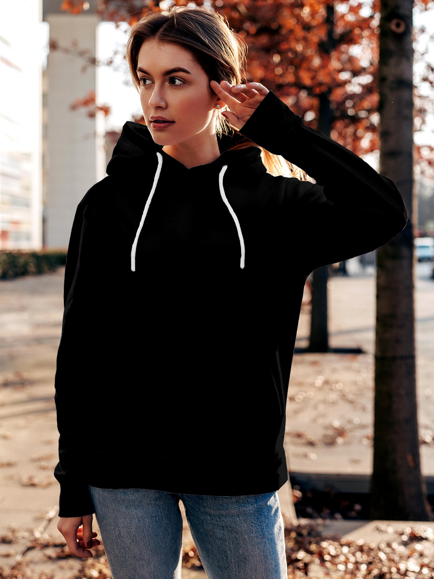 Front view of Fighterhero Women's Black Hoodie Sweatshirt, highlighting the modern look and clean finish