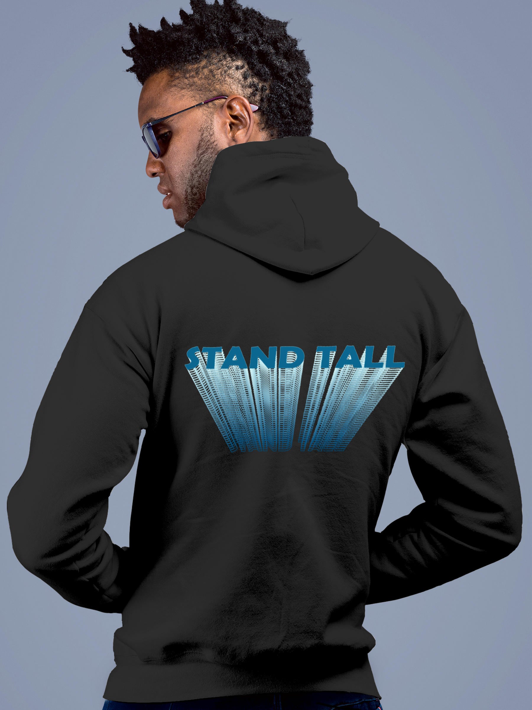 Model wearing Men's Dark Grey Hoodie Sweatshirt with 'Stand Tall' design, offering effortless style and premium comfort