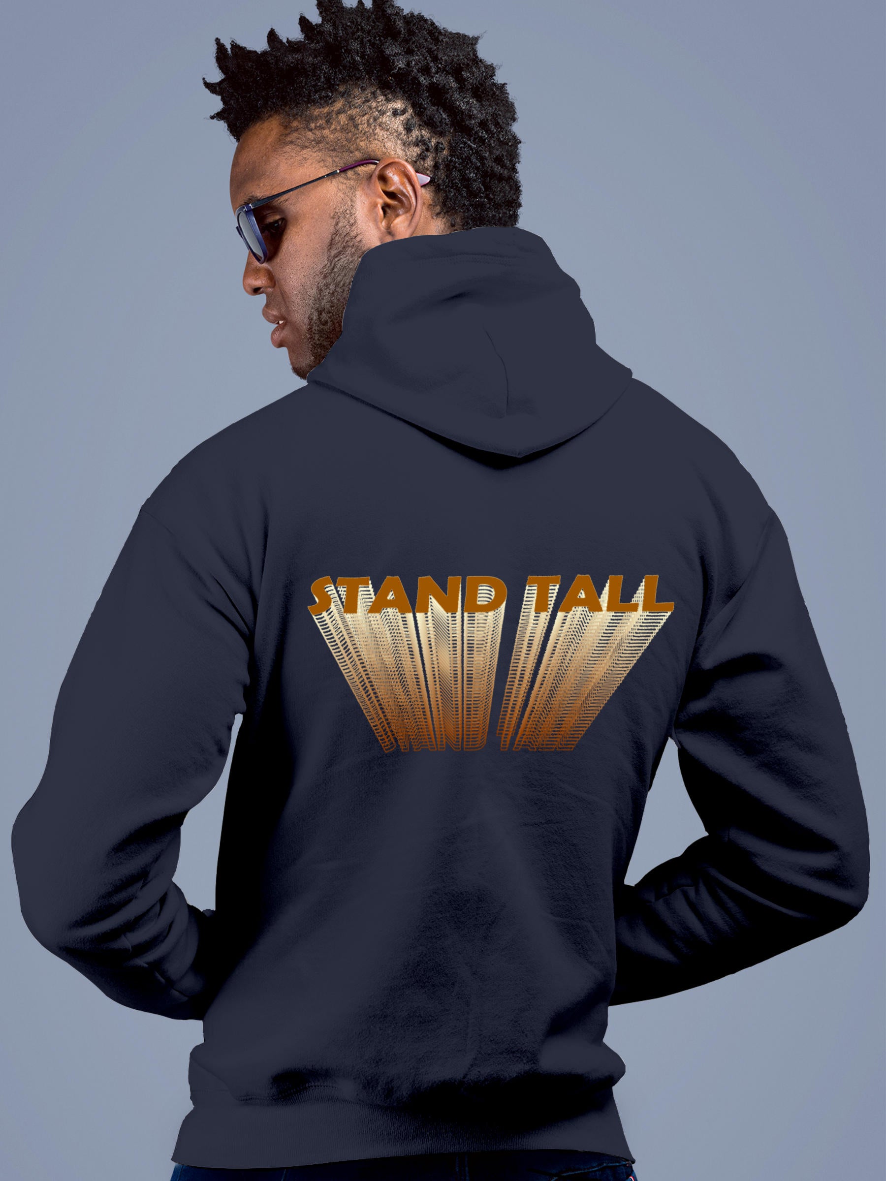 Model wearing Men's Navy Blue Hoodie Sweatshirt with 'Stand Tall' design, offering effortless style and premium comfort