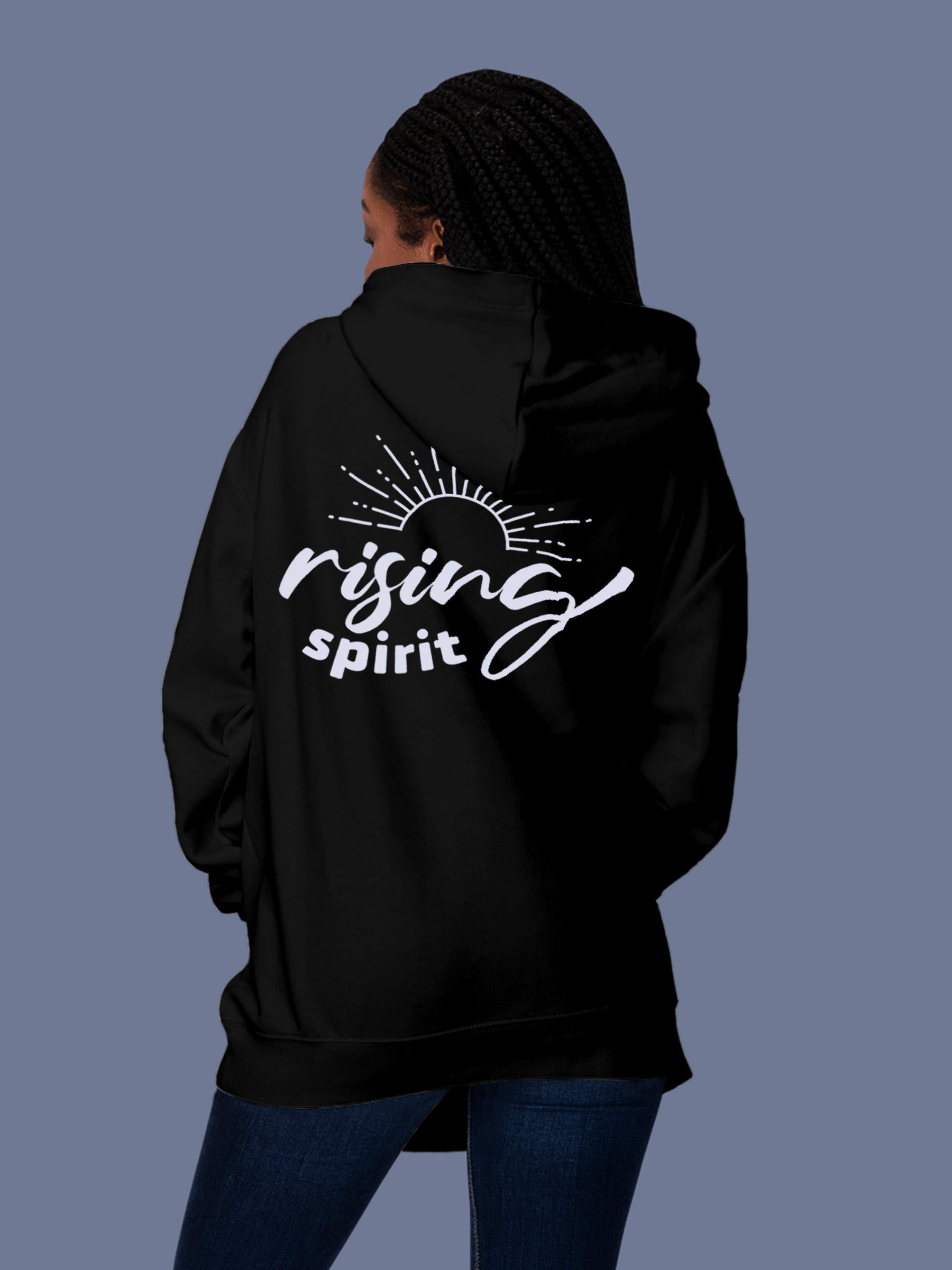 Model wearing Women's Black Hoodie Sweatshirt with 'Rising Spirit' design, offering effortless style and premium comfort