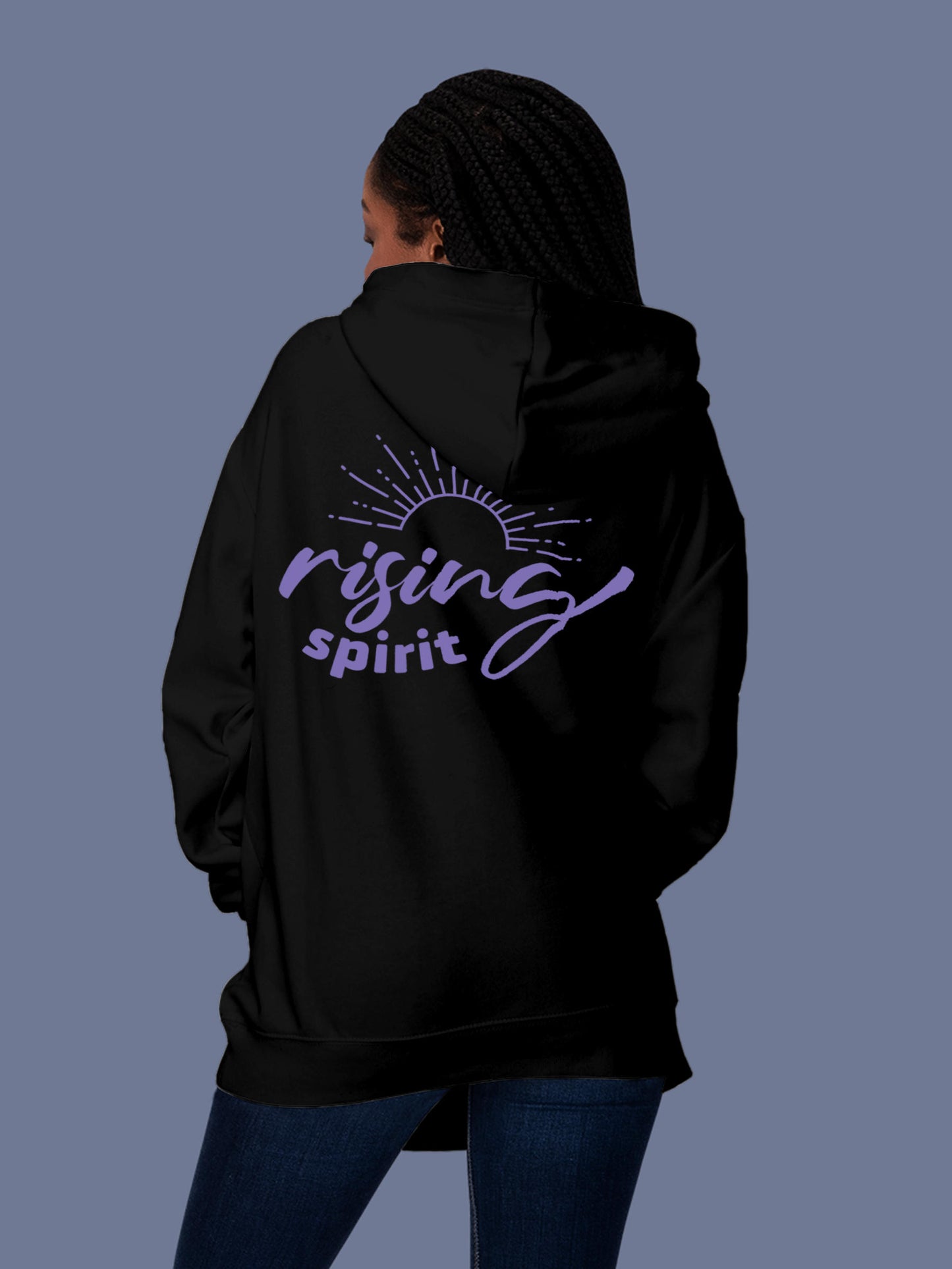 Model wearing Women's Black Hoodie Sweatshirt with 'Rising Spirit' design, offering effortless style and premium comfort