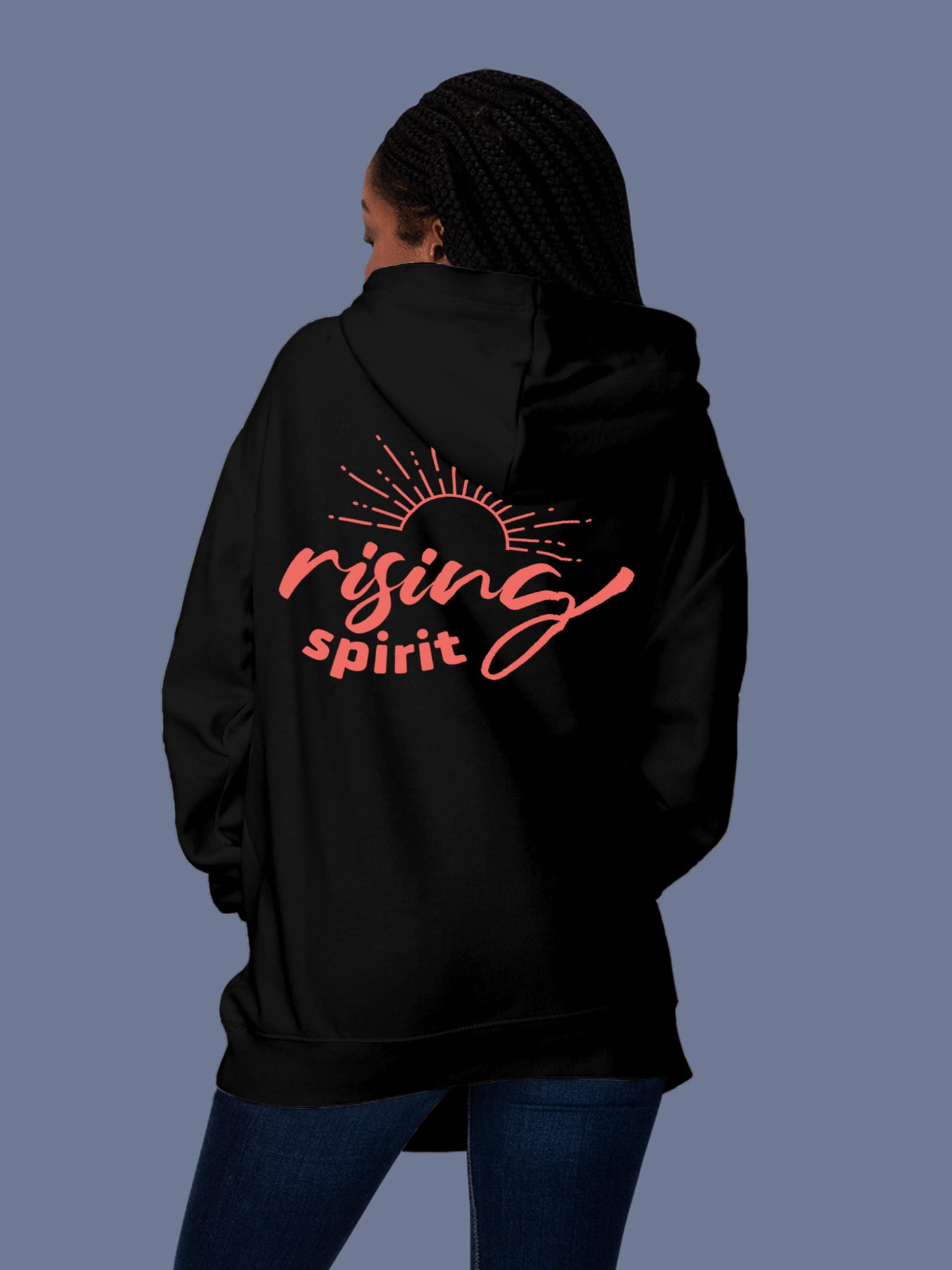 Model wearing Women's Black Hoodie Sweatshirt with 'Rising Spirit' design, offering effortless style and premium comfort
