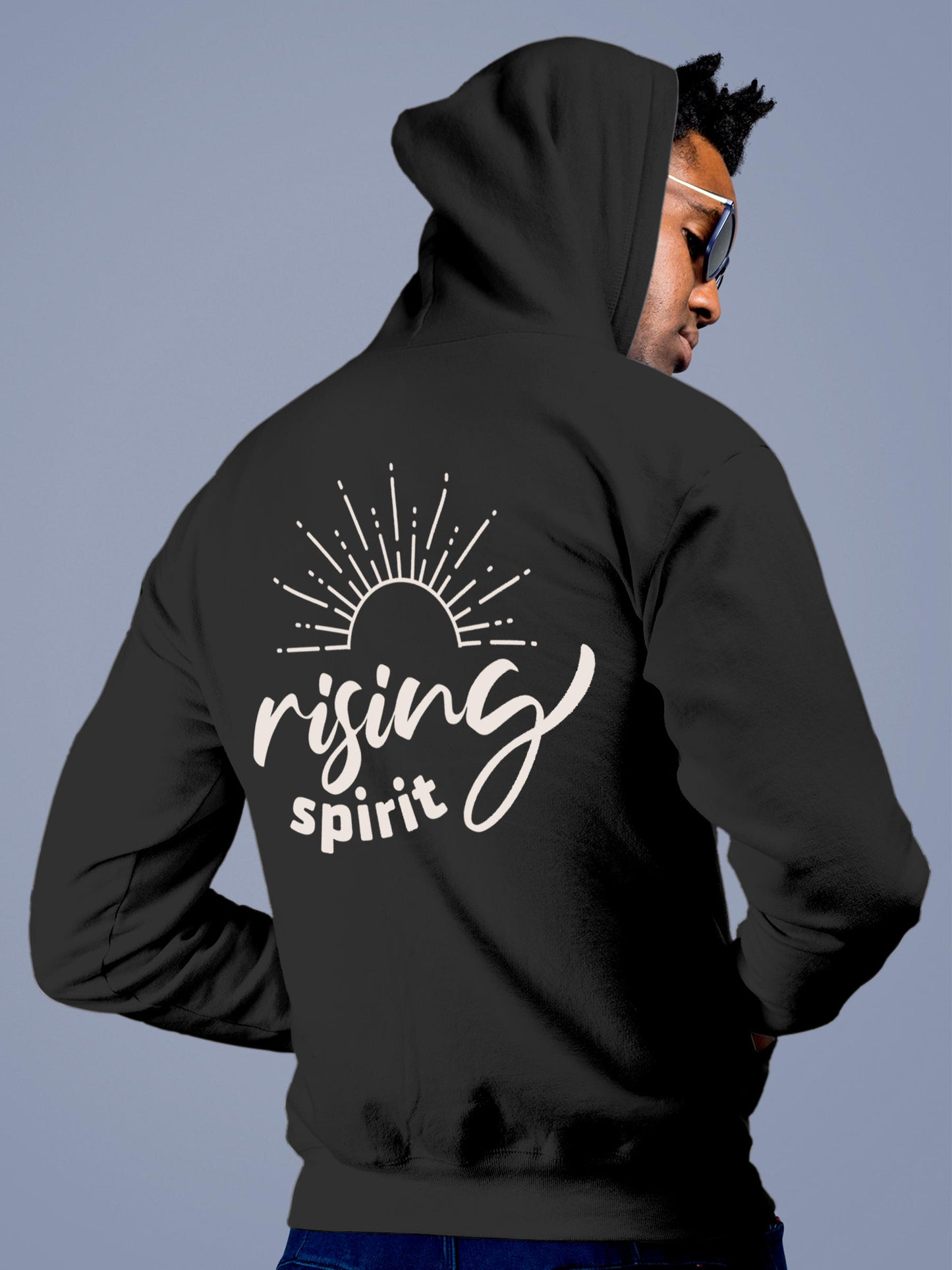Model wearing Men's Dark Grey Hoodie Sweatshirt with 'Rising Spirit' design, offering effortless style and premium comfort