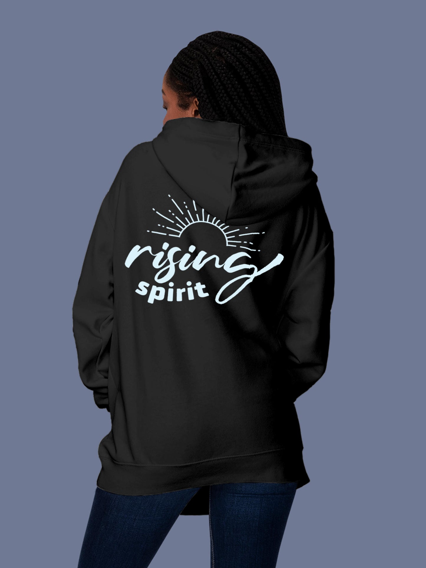 Model wearing Women's Dark Grey Hoodie Sweatshirt with 'Rising Spirit' design, offering effortless style and premium comfort