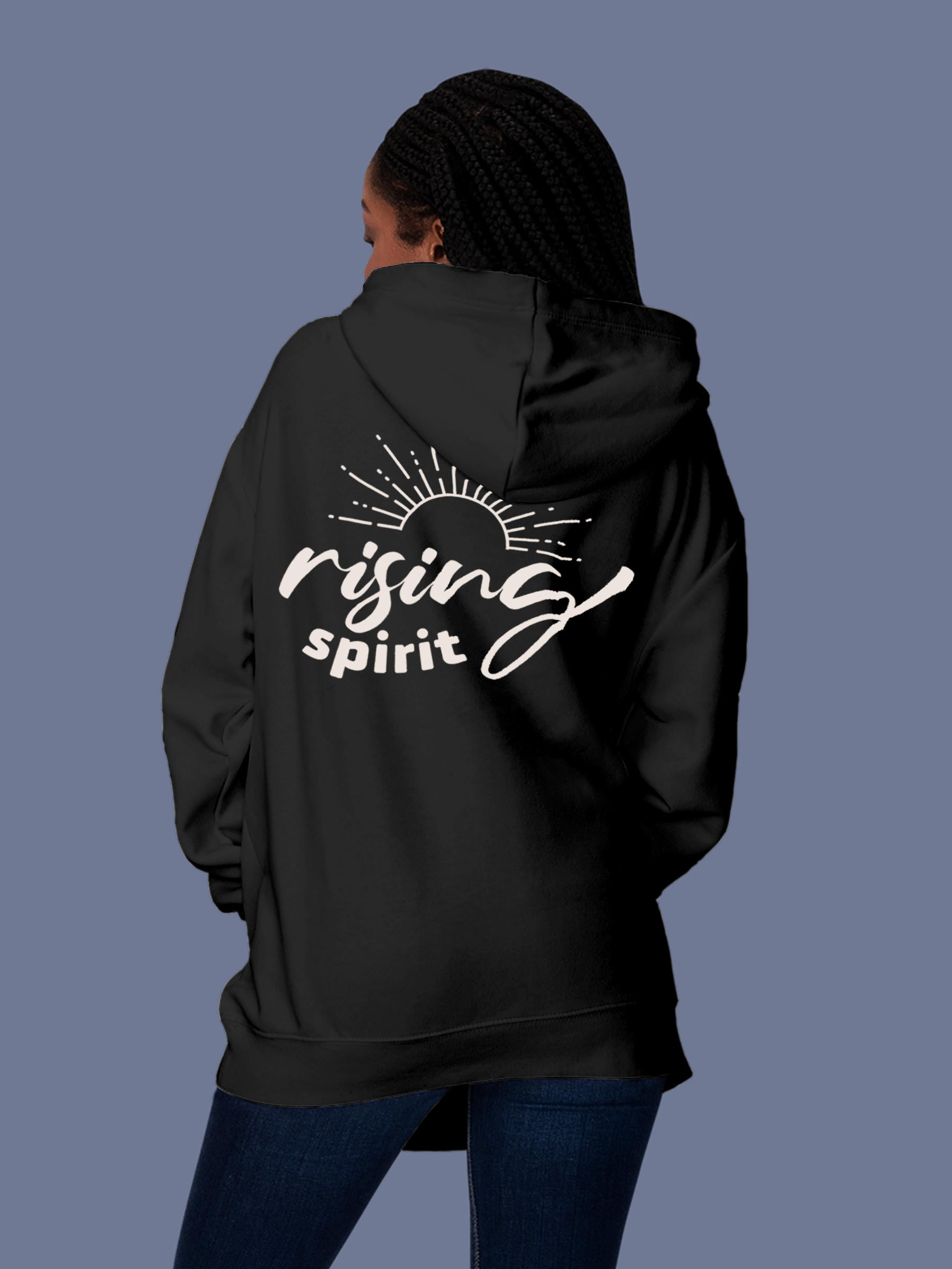 Model wearing Women's Dark Grey Hoodie Sweatshirt with 'Rising Spirit' design, offering effortless style and premium comfort