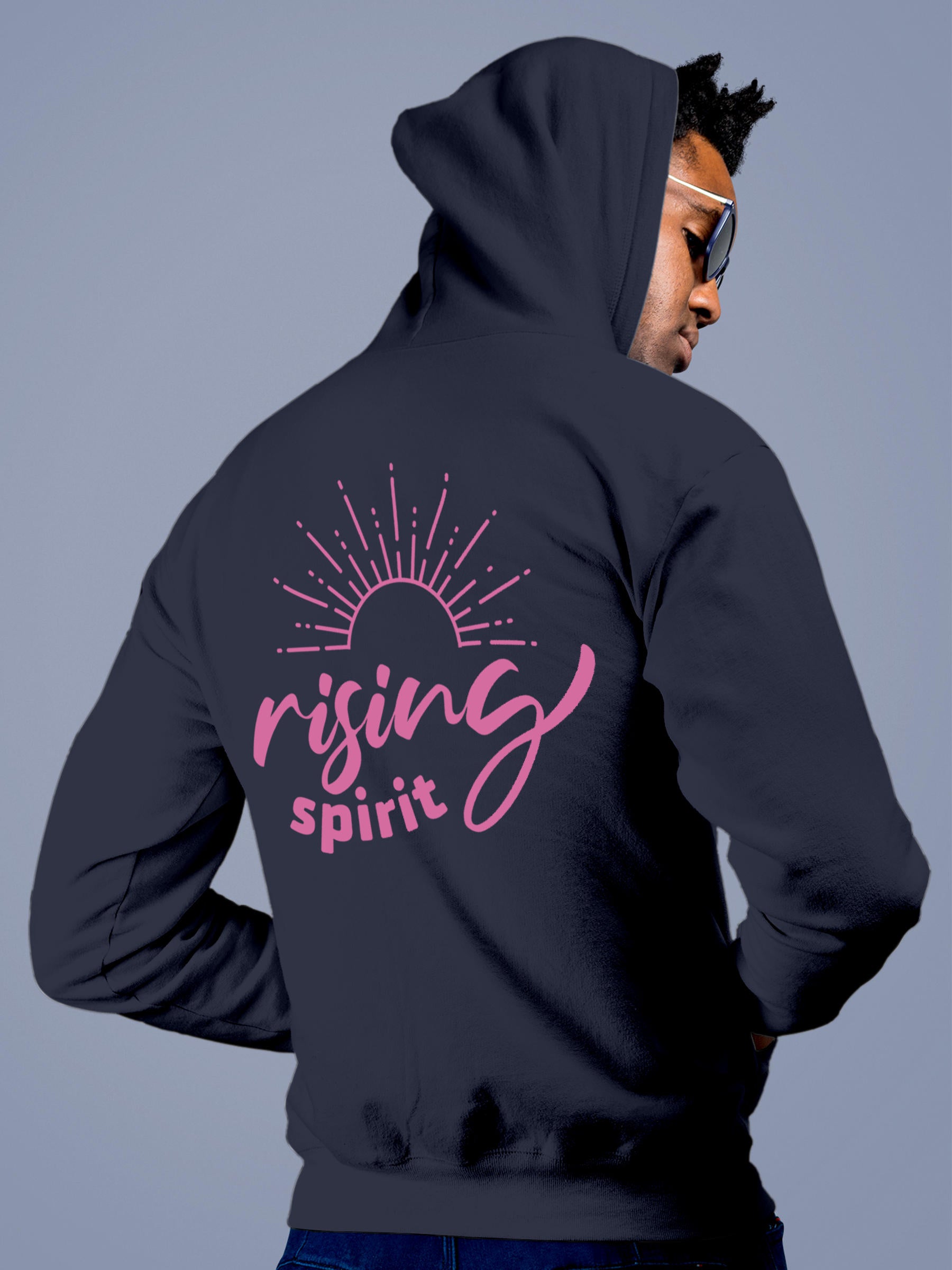 Model wearing Men's Navy Blue Hoodie Sweatshirt with 'Rising Spirit' design, offering effortless style and premium comfort