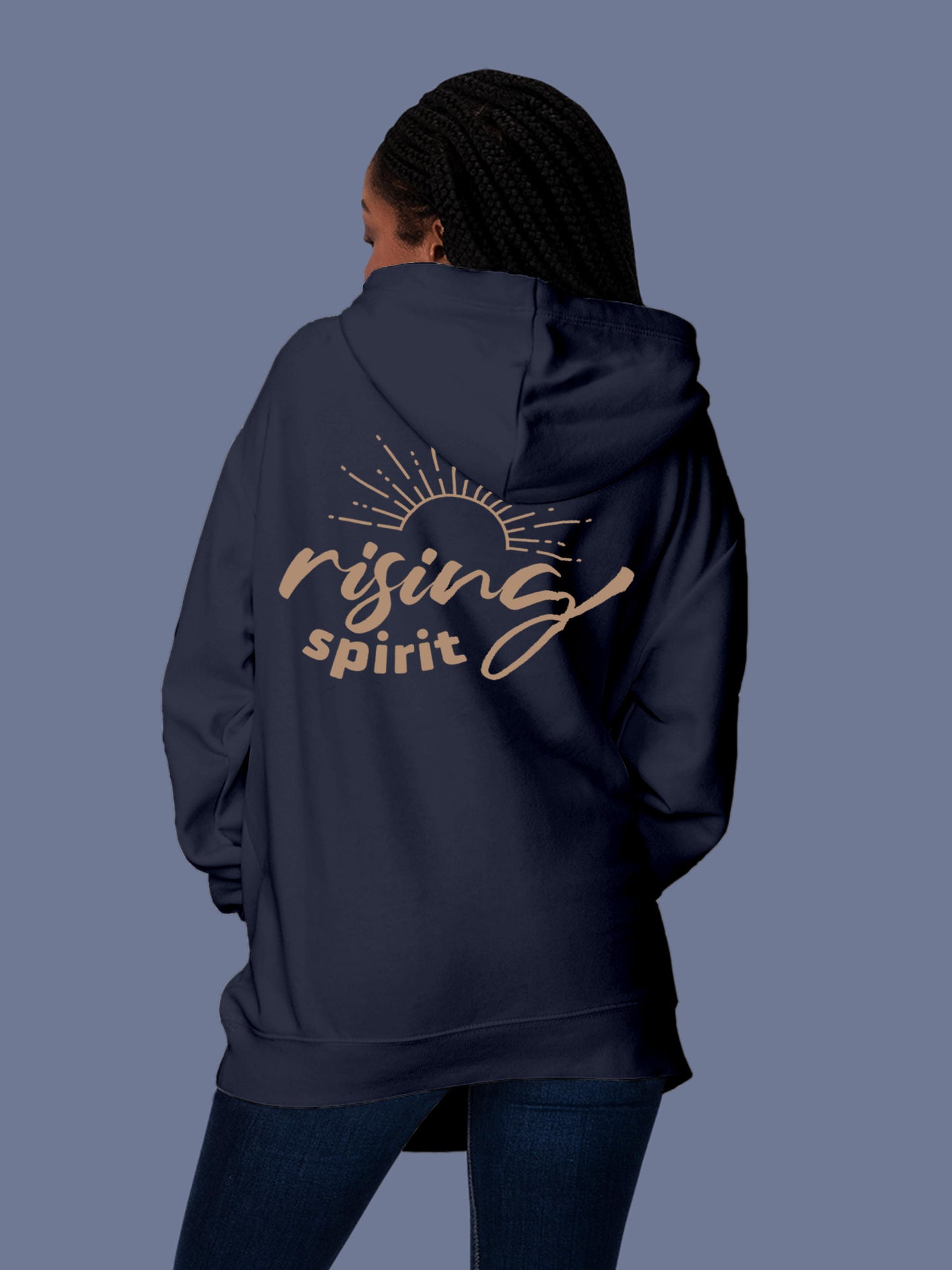 Model wearing Women's Navy Blue Hoodie Sweatshirt with 'Rising Spirit' design, offering effortless style and premium comfort