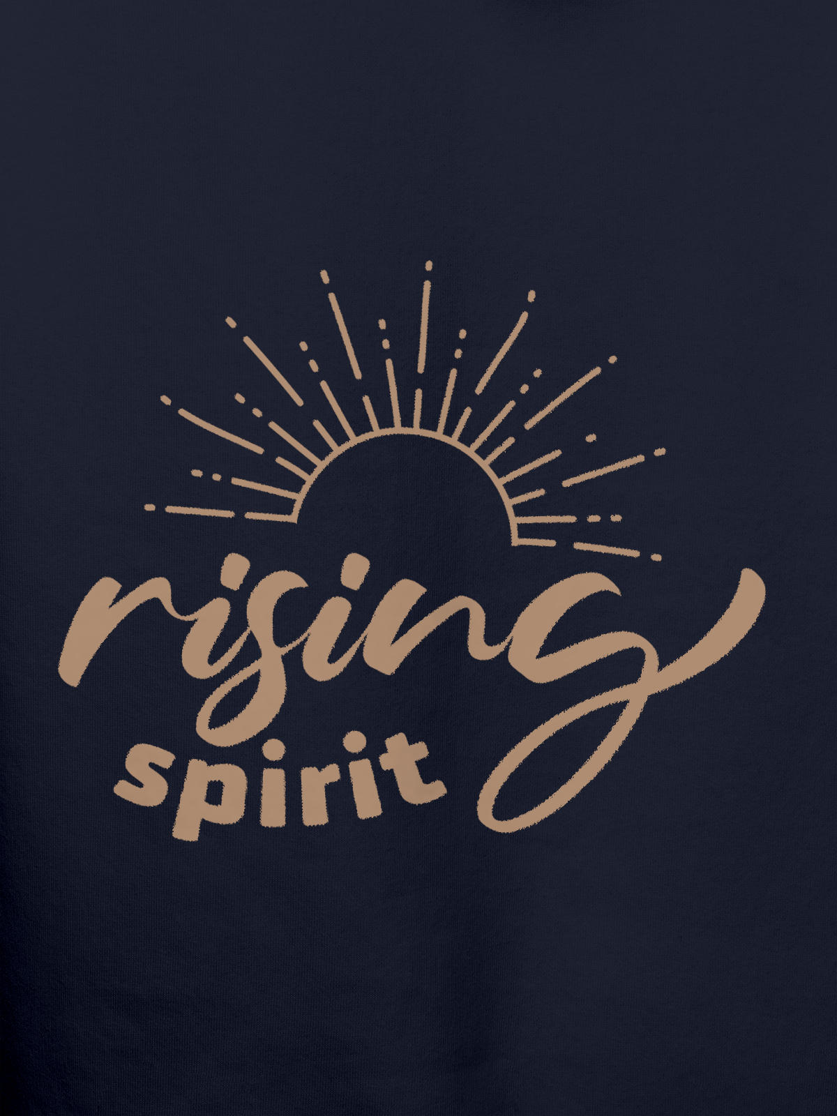 Close up of 'Rising Spirit' design on Women's Navy Blue Hoodie Sweatshirt, highlighting intricate details and vibrant print.