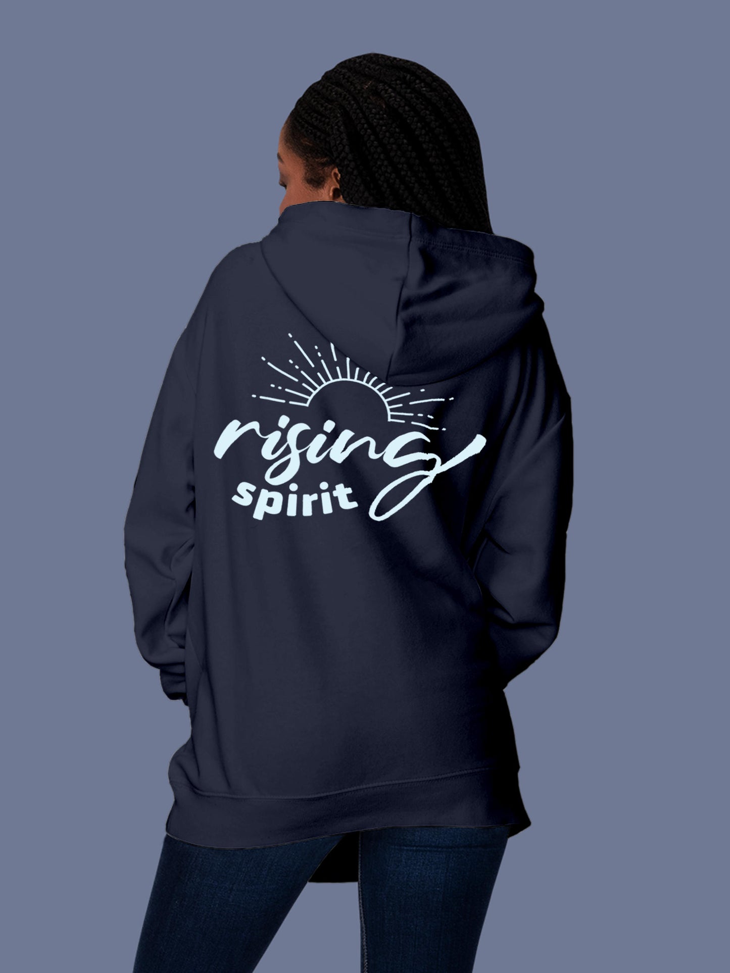 Model wearing Women's Navy Blue Hoodie Sweatshirt with 'Rising Spirit' design, offering effortless style and premium comfort