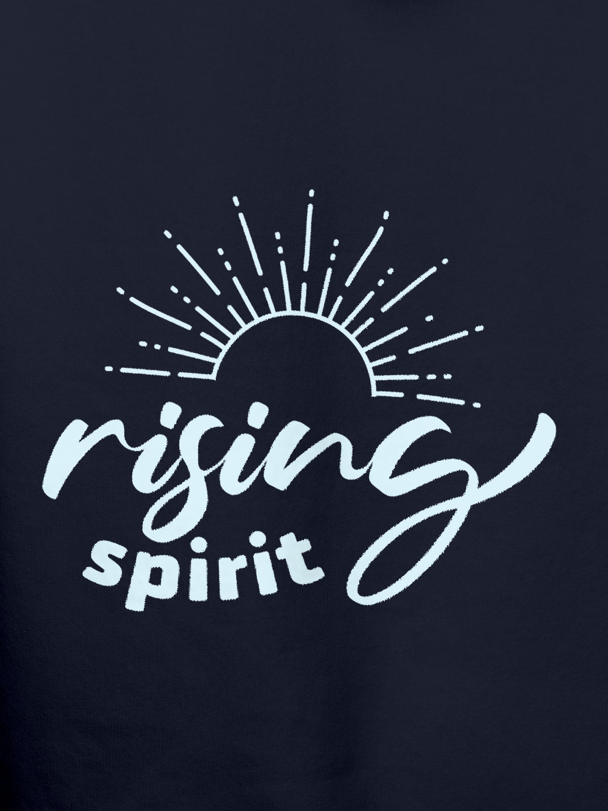Close up of 'Rising Spirit' design on Women's Navy Blue Hoodie Sweatshirt, highlighting intricate details and vibrant print.