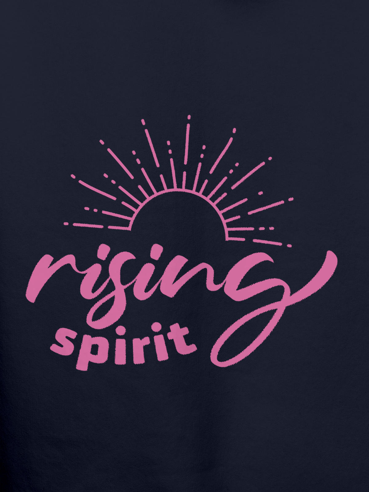 Close up of 'Rising Spirit' design on Women's Navy Blue Hoodie Sweatshirt, highlighting intricate details and vibrant print.