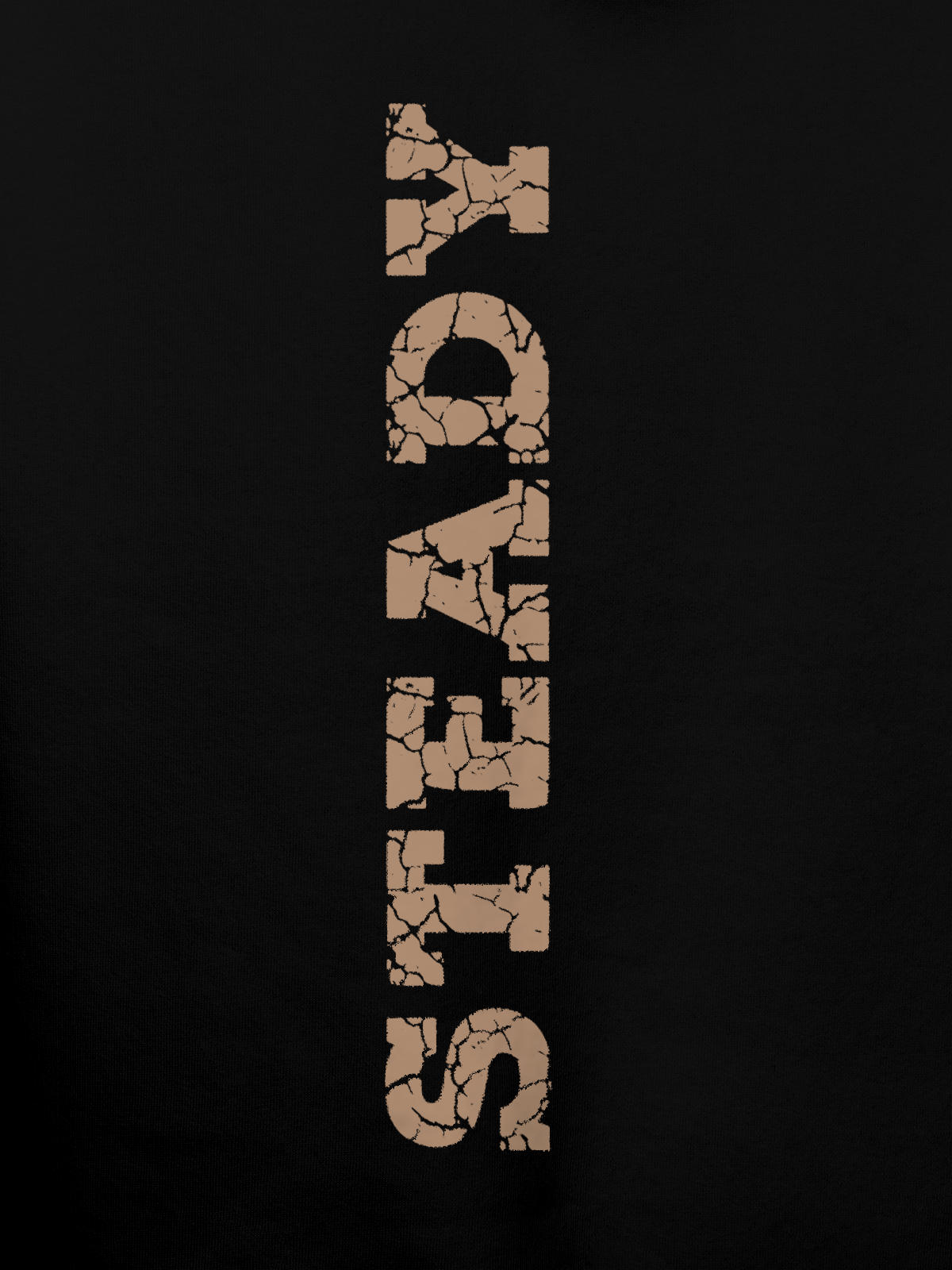 Close up of 'Steady' design on Men's Black Hoodie Sweatshirt, highlighting intricate details and vibrant print.