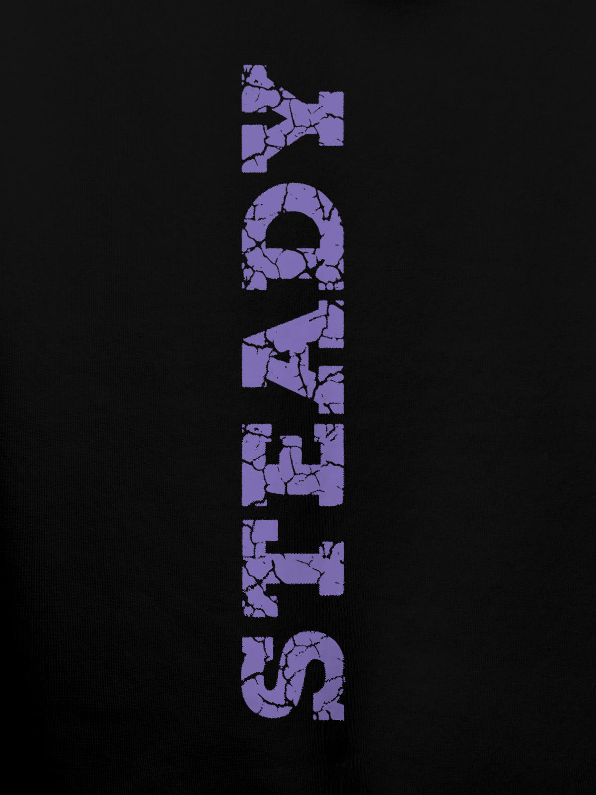 Close up of 'Steady' design on Men's Black Hoodie Sweatshirt, highlighting intricate details and vibrant print.