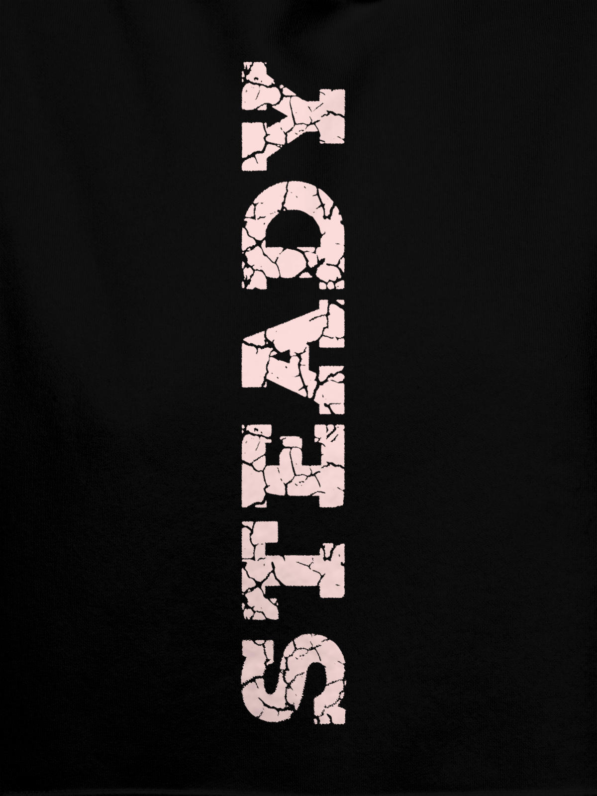 Close up of 'Steady' design on Women's Black Hoodie Sweatshirt, highlighting intricate details and vibrant print.