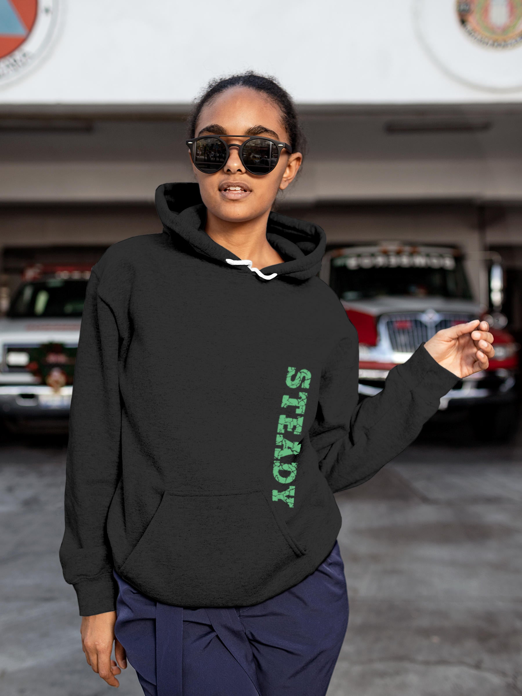 Model wearing Women's Dark Grey Hoodie Sweatshirt with 'Steady' design, offering effortless style and premium comfort