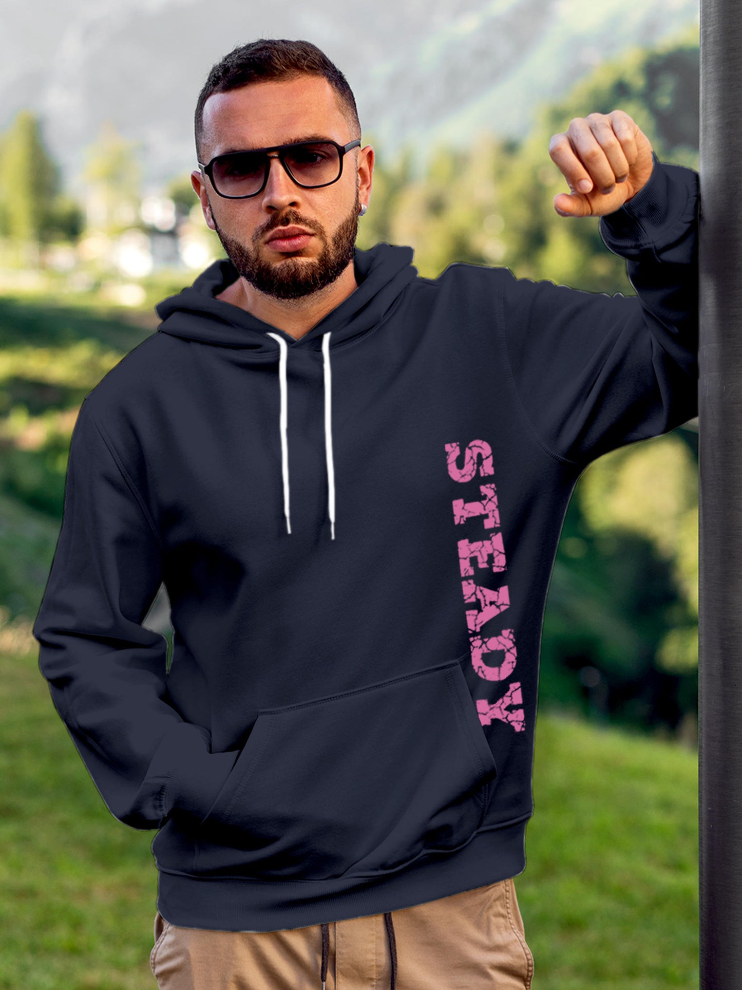 Model wearing Men's Navy Blue Hoodie Sweatshirt with 'Steady' design, offering effortless style and premium comfort