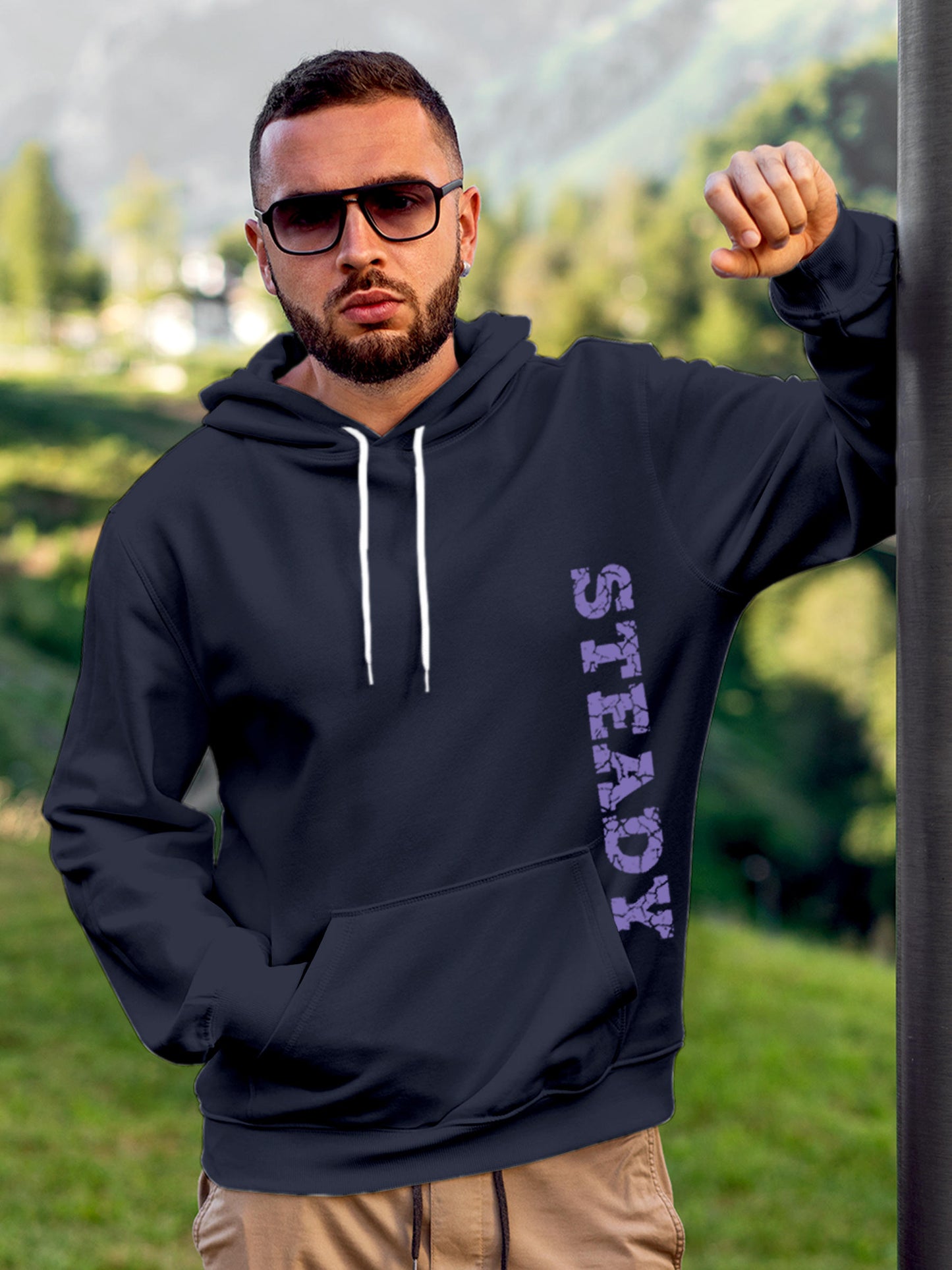 Model wearing Men's Navy Blue Hoodie Sweatshirt with 'Steady' design, offering effortless style and premium comfort