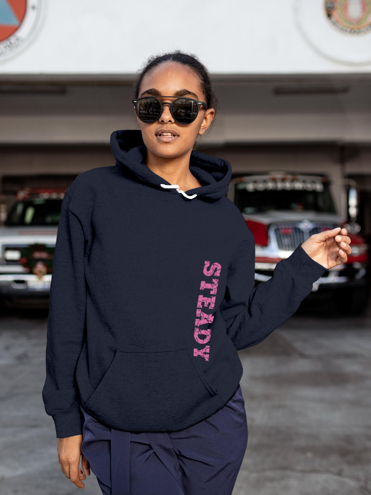 Model wearing Women's Navy Blue Hoodie Sweatshirt with 'Steady' design, offering effortless style and premium comfort