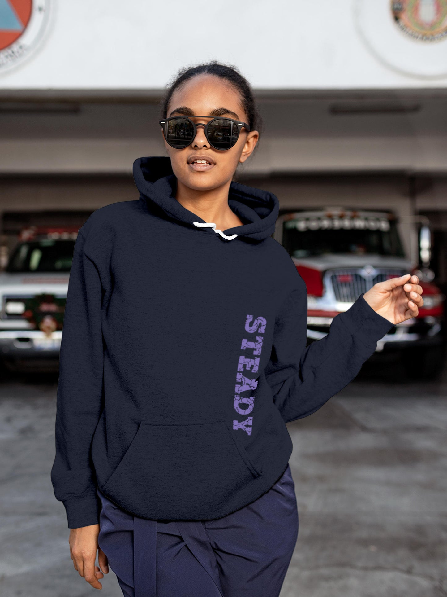 Model wearing Women's Navy Blue Hoodie Sweatshirt with 'Steady' design, offering effortless style and premium comfort