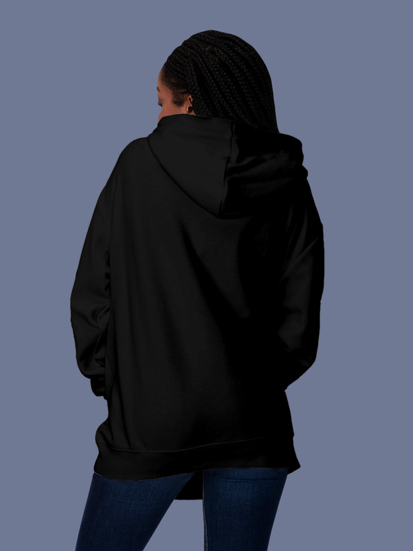 Back view of Fighterhero Women's Black Hoodie Sweatshirt, highlighting the modern look and clean finish