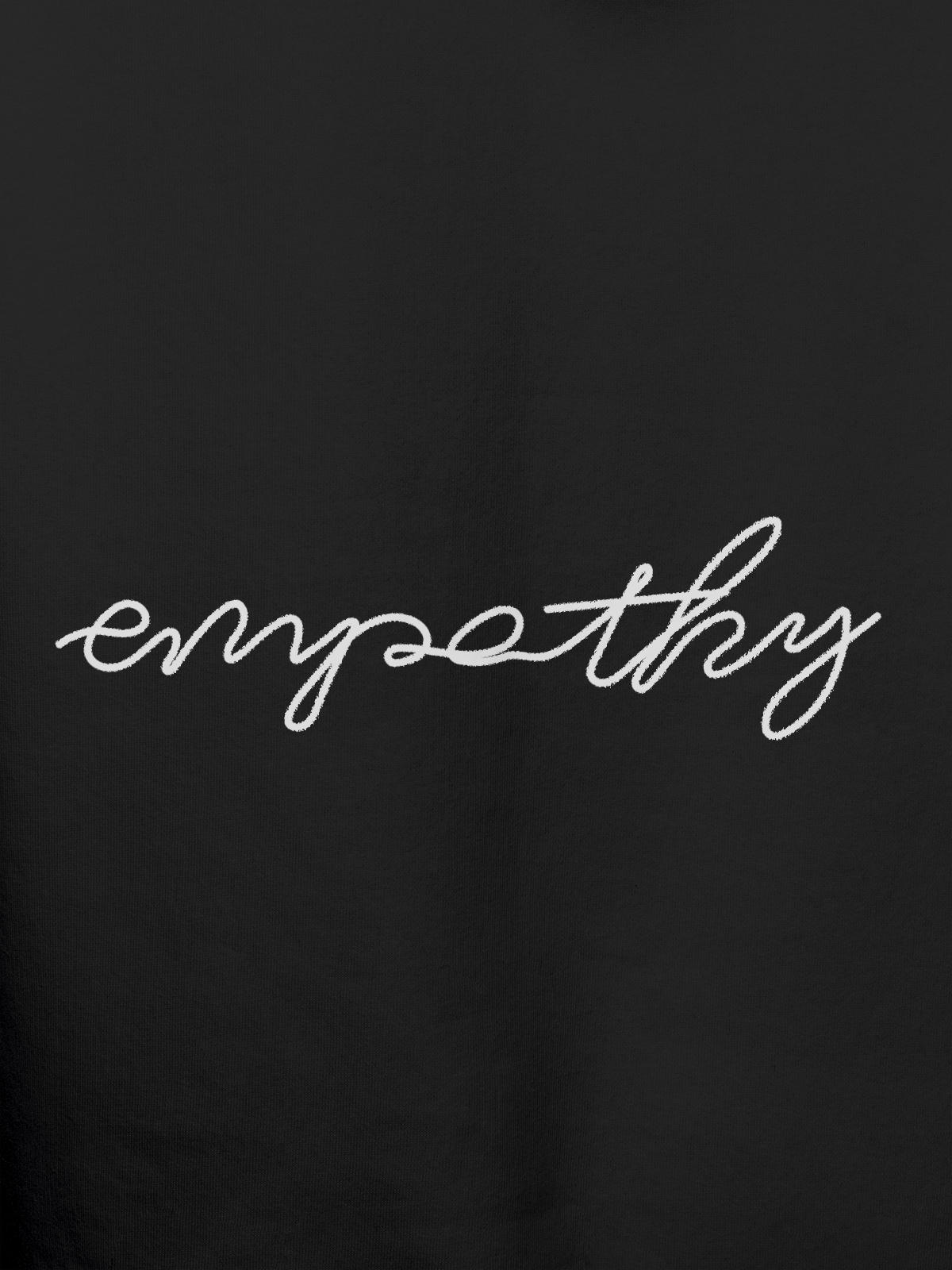 Close up of 'Empathy' design on Men's Dark Grey Hoodie Sweatshirt, highlighting intricate details and vibrant print.