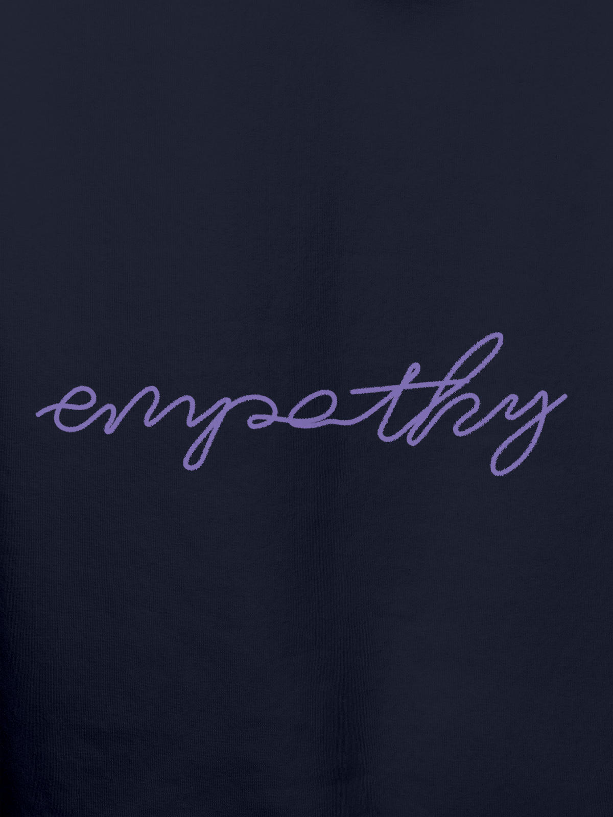 Close up of 'Empathy' design on Men's Navy Blue Hoodie Sweatshirt, highlighting intricate details and vibrant print.