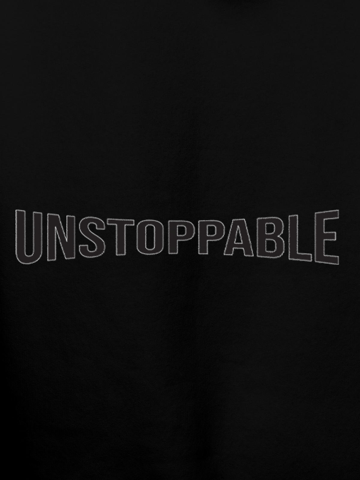 Close up of 'Unstoppable' design on Women's Black Hoodie Sweatshirt, highlighting intricate details and vibrant print.