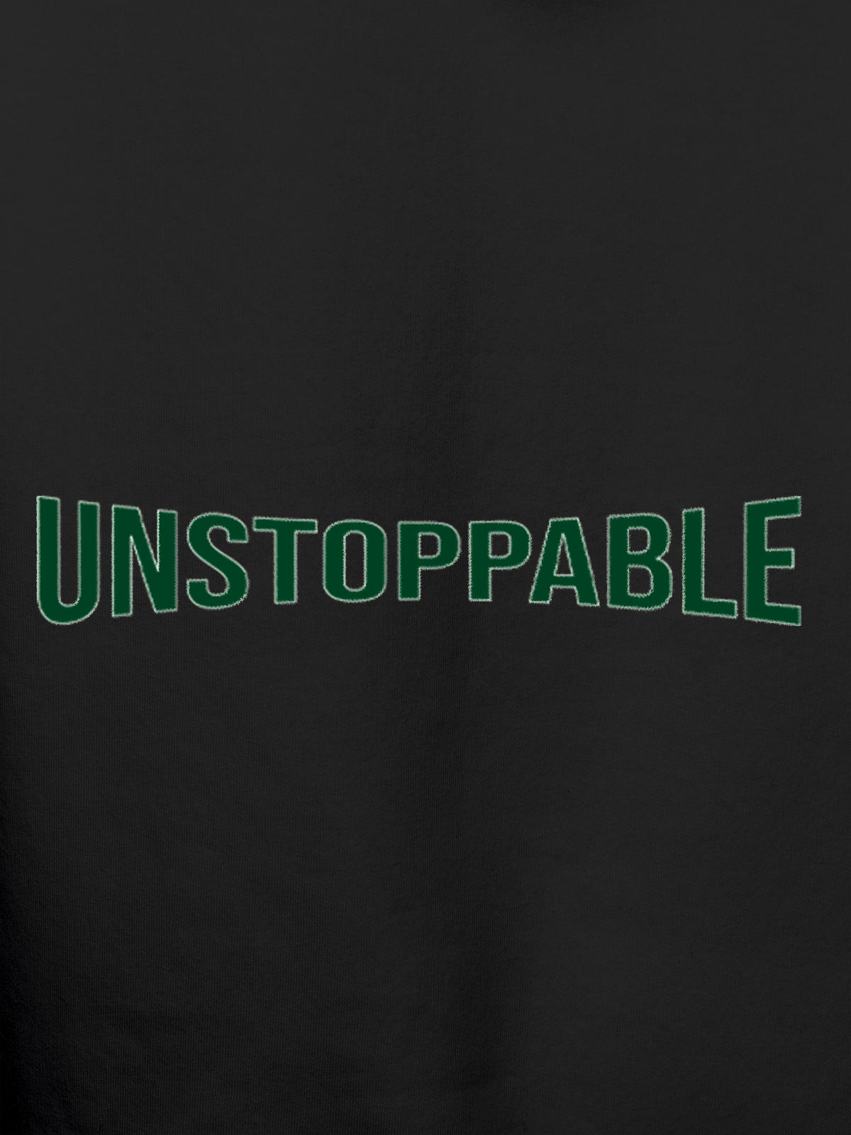 Close up of 'Unstoppable' design on Women's Dark Grey Hoodie Sweatshirt, highlighting intricate details and vibrant print.