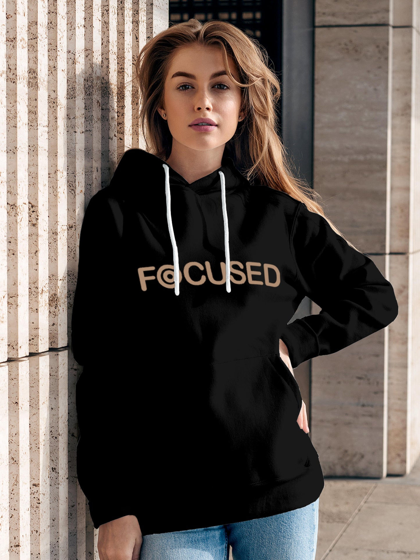 Model wearing Women's Black Hoodie Sweatshirt with 'Focused' design, offering effortless style and premium comfort