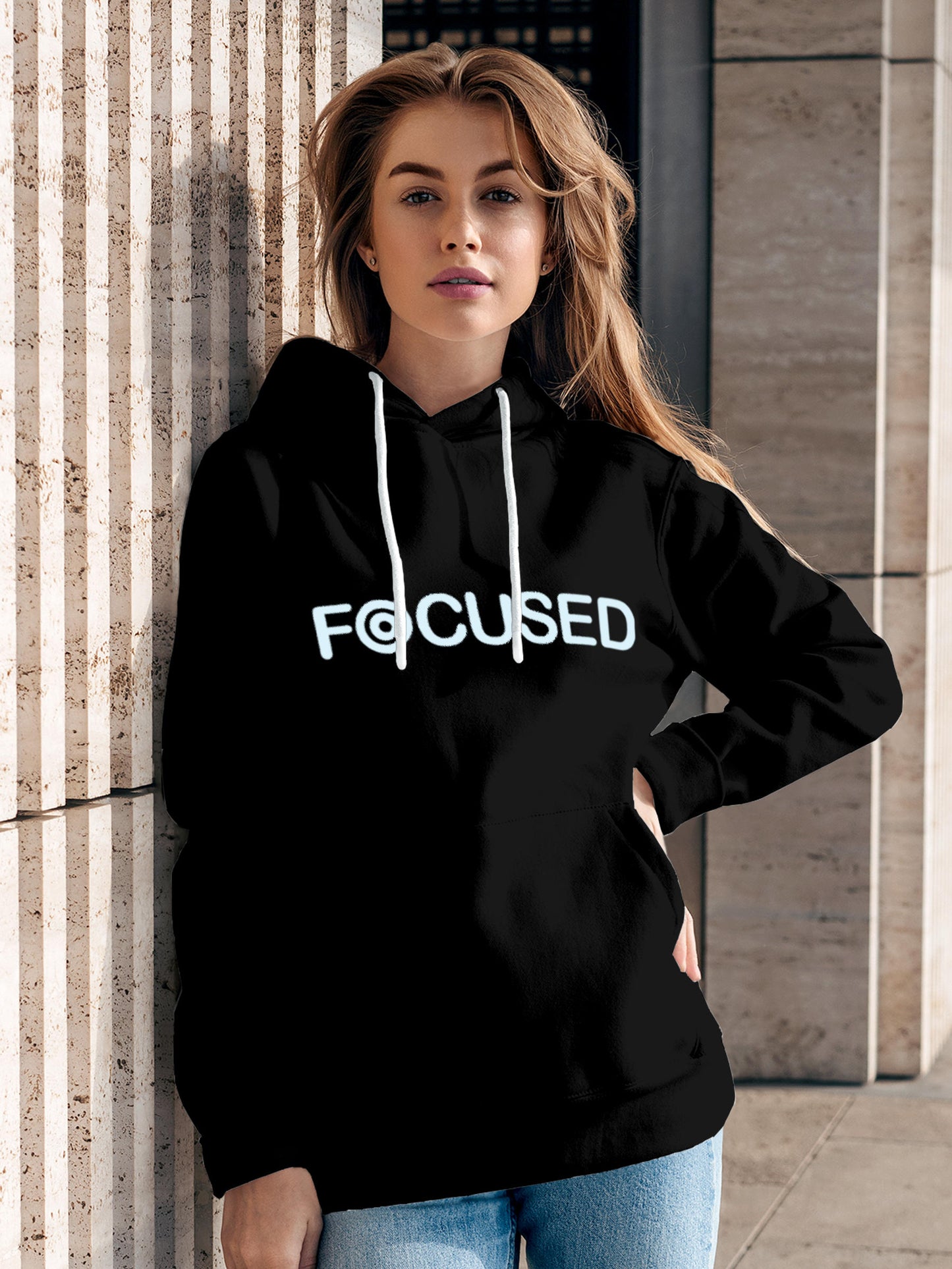 Model wearing Women's Black Hoodie Sweatshirt with 'Focused' design, offering effortless style and premium comfort