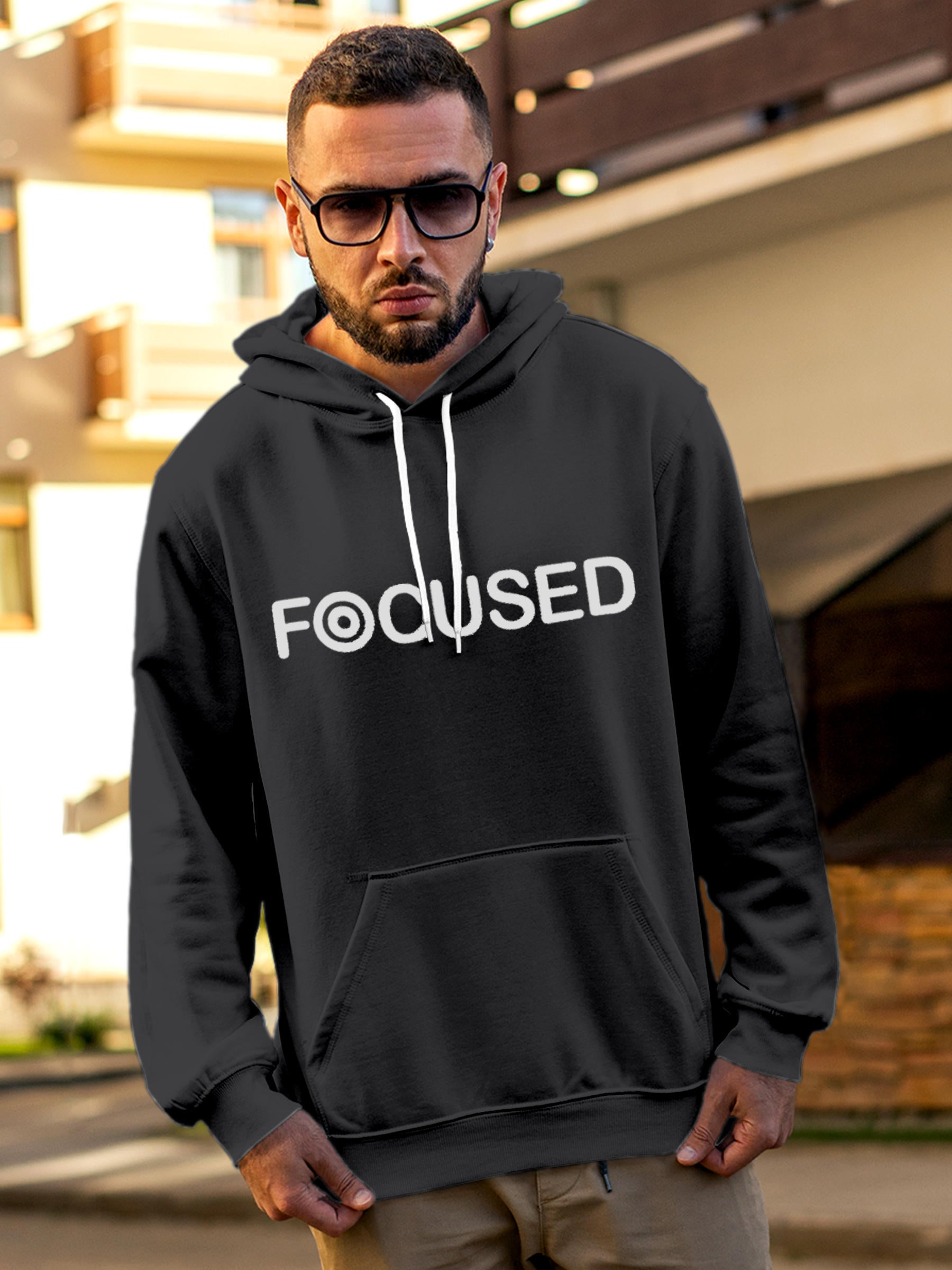 Model wearing Men's Dark Grey Hoodie Sweatshirt with 'Focused' design, offering effortless style and premium comfort