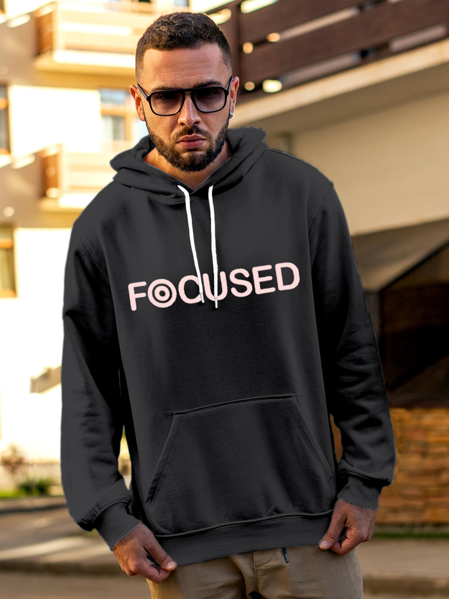 Model wearing Men's Dark Grey Hoodie Sweatshirt with 'Focused' design, offering effortless style and premium comfort