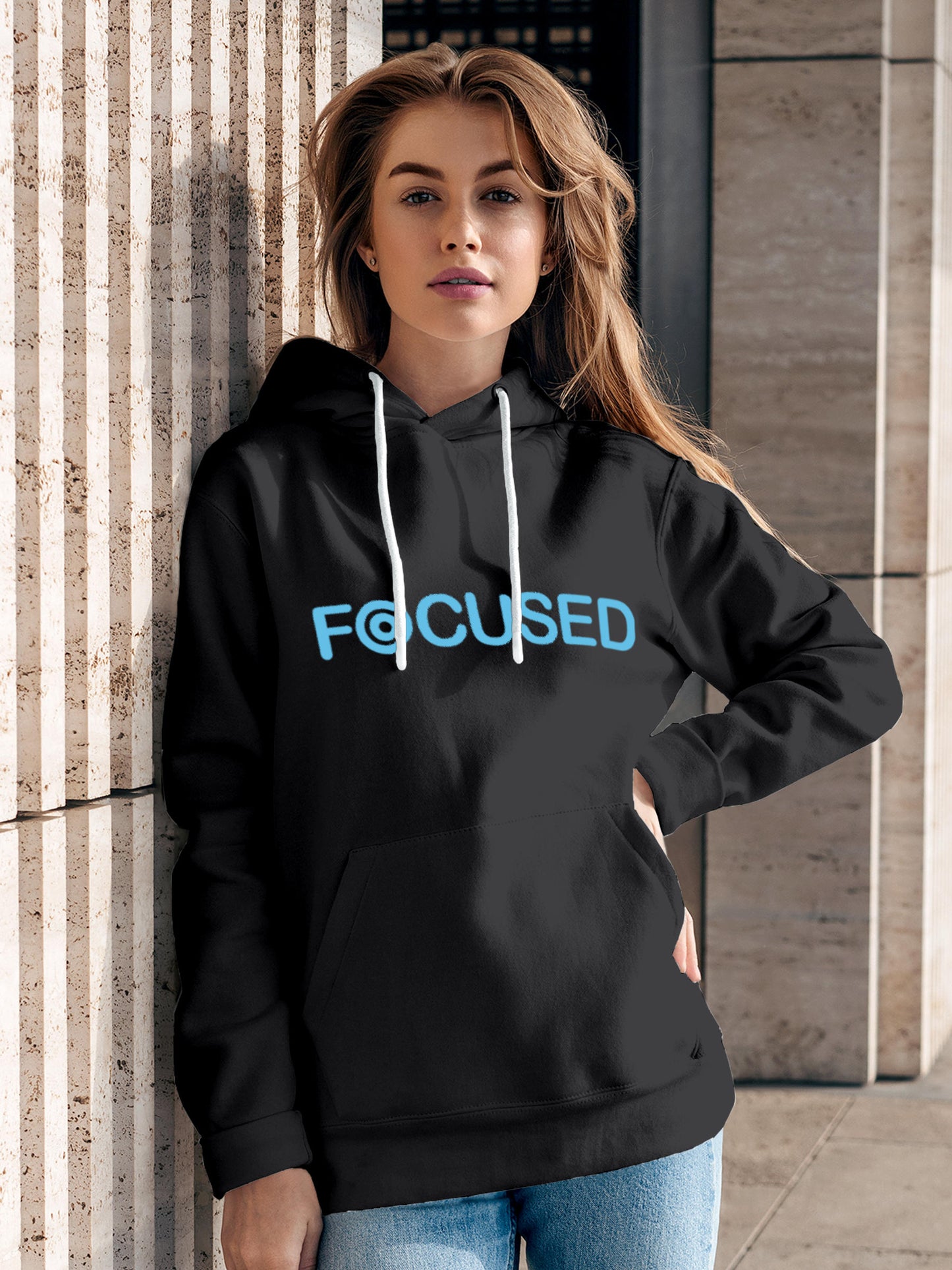Model wearing Women's Dark Grey Hoodie Sweatshirt with 'Focused' design, offering effortless style and premium comfort