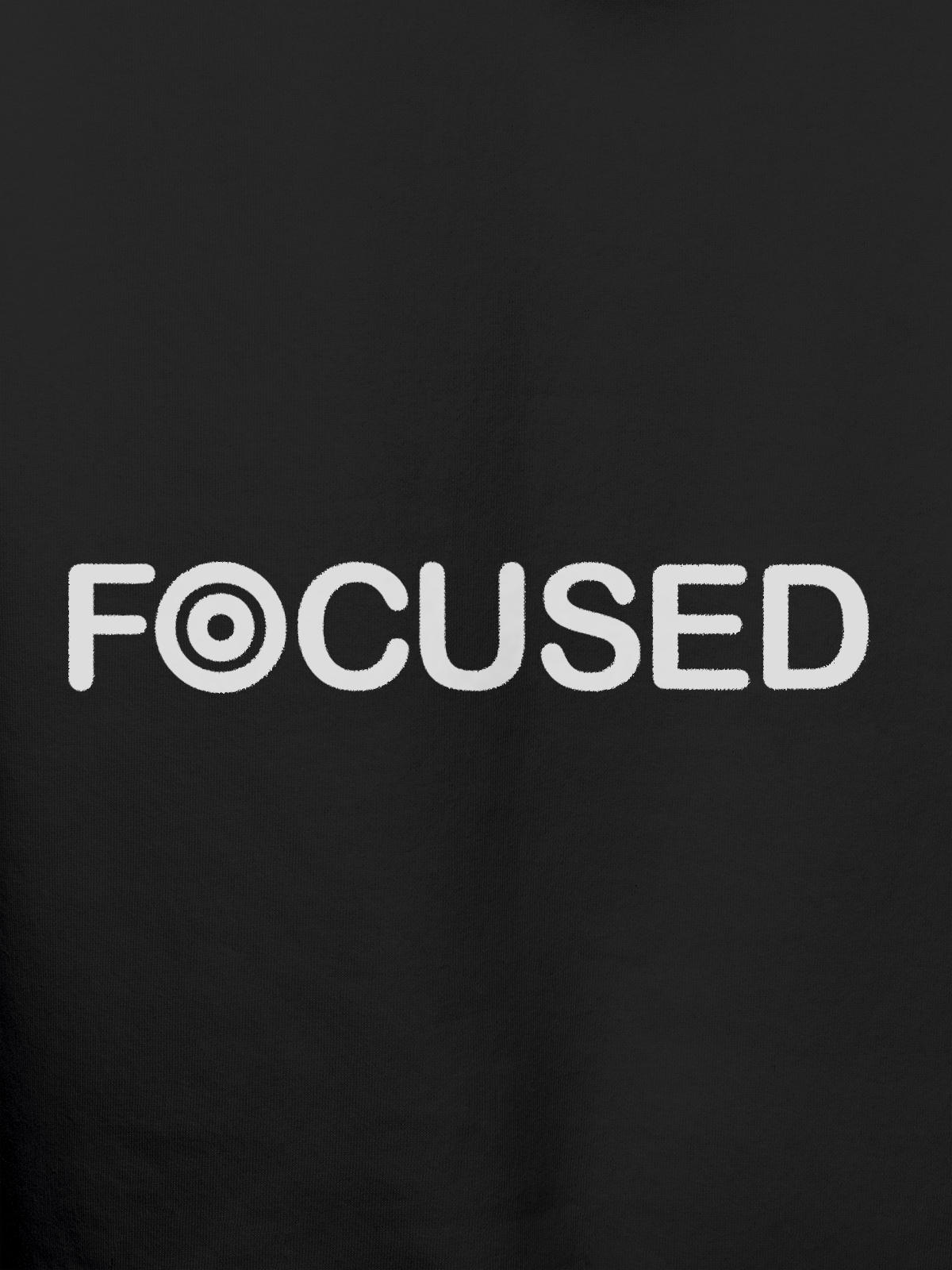 Close up of 'Focused' design on Women's Dark Grey Hoodie Sweatshirt, highlighting intricate details and vibrant print.